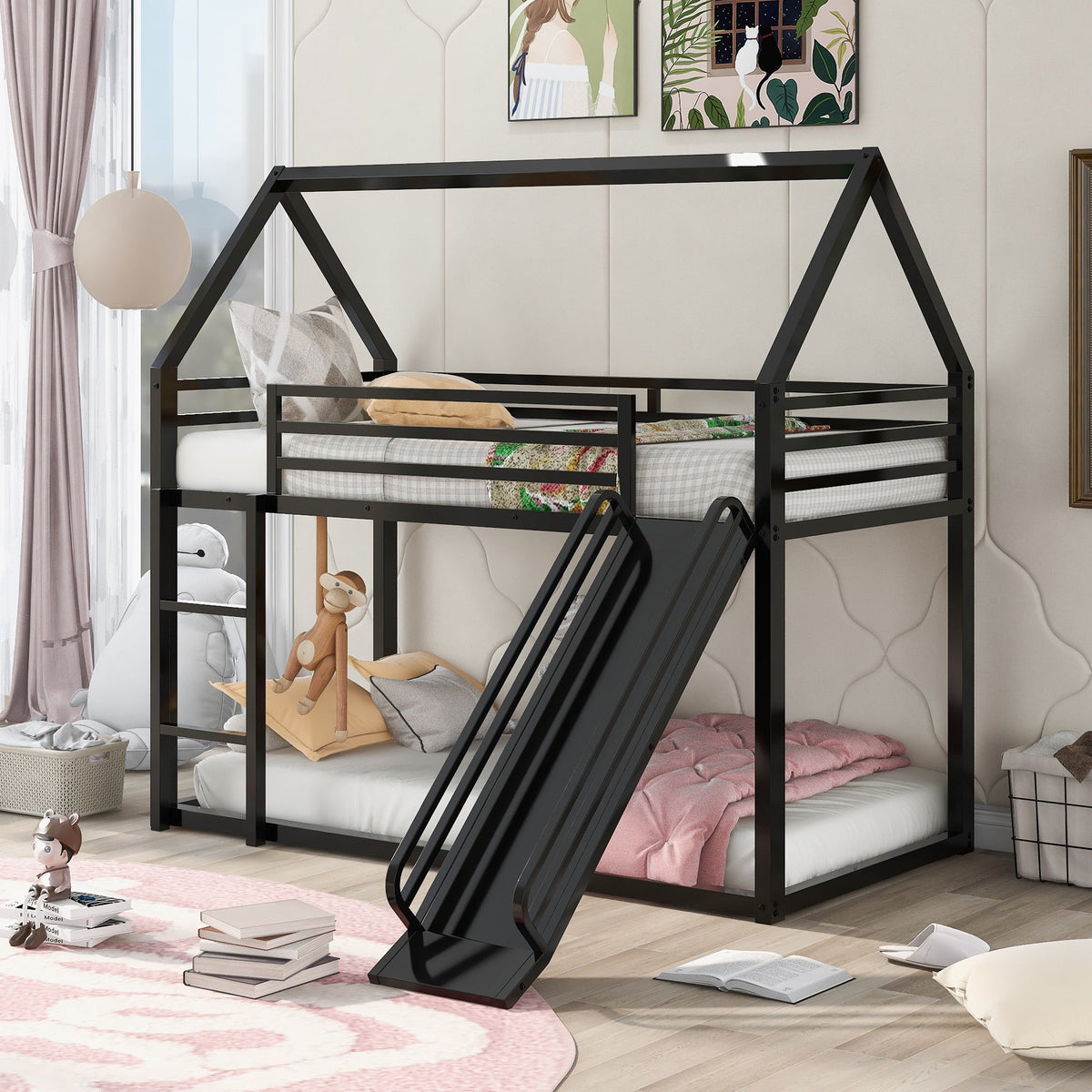 Twin Over Twin House Bunk Bed with Ladder and Slide