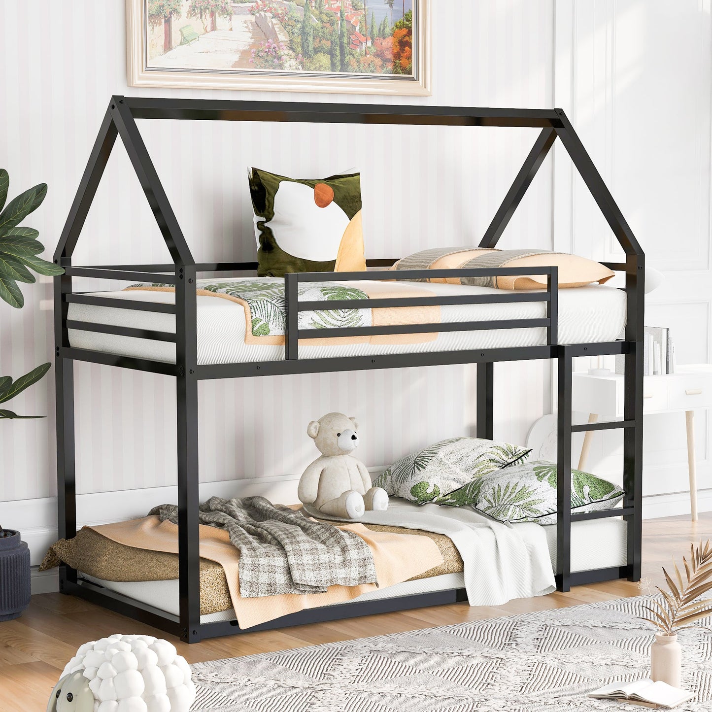 Twin Over Twin House Bunk Bed with Built-in Ladder