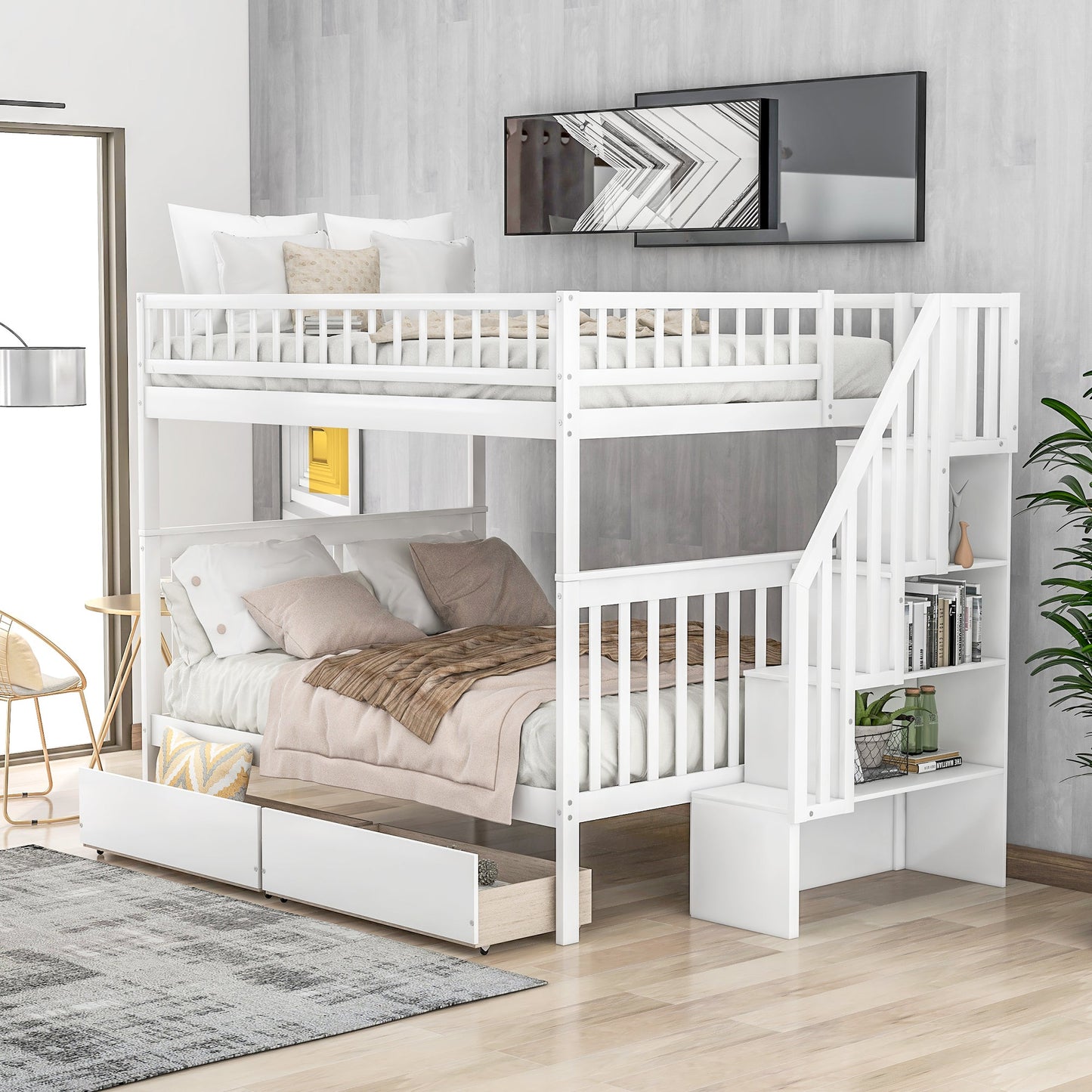 Full Over Full Bunk Bed with Two Drawers and Storage