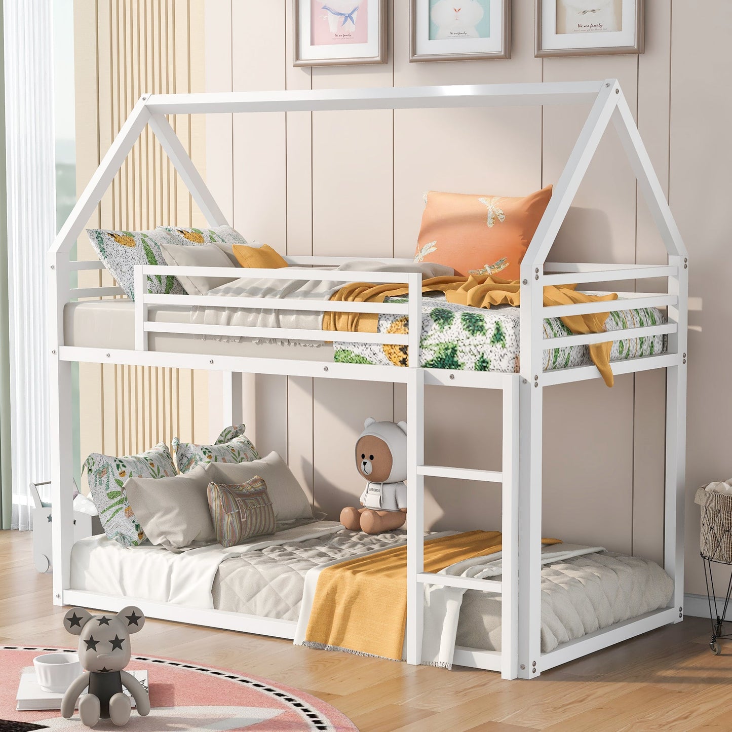 Twin Over Twin House Bunk Bed with Built-in Ladder