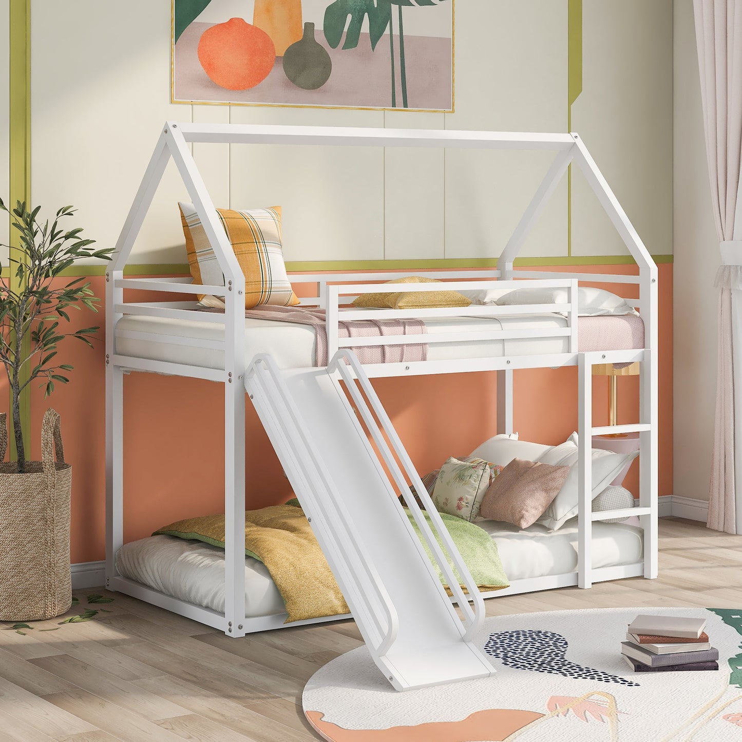 Twin Over Twin House Bunk Bed with Ladder and Slide