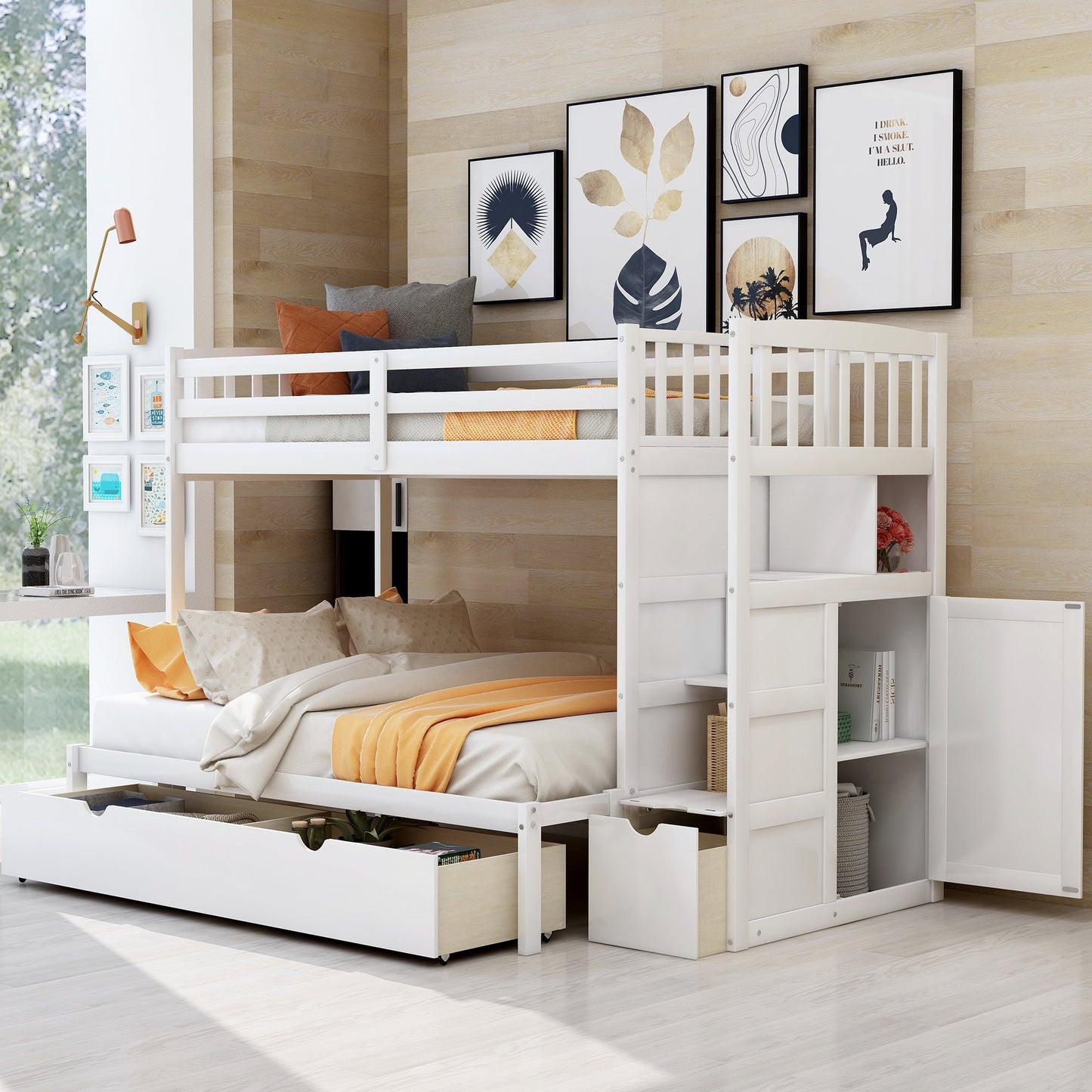 Twin Over Full/Twin Bunk Bed, Convertible Bottom Bed, Storage Shelves and Drawers