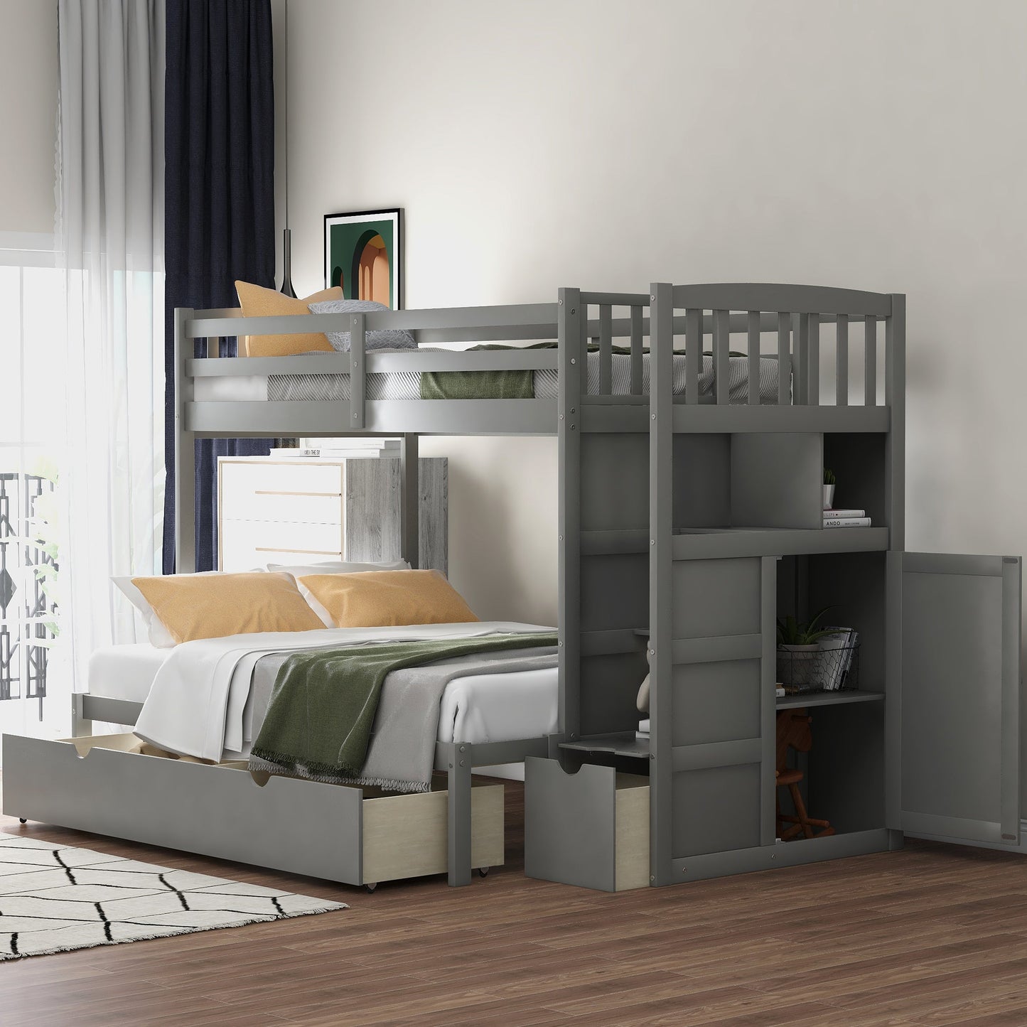 Twin Over Full/Twin Bunk Bed, Convertible Bottom Bed, Storage Shelves and Drawers