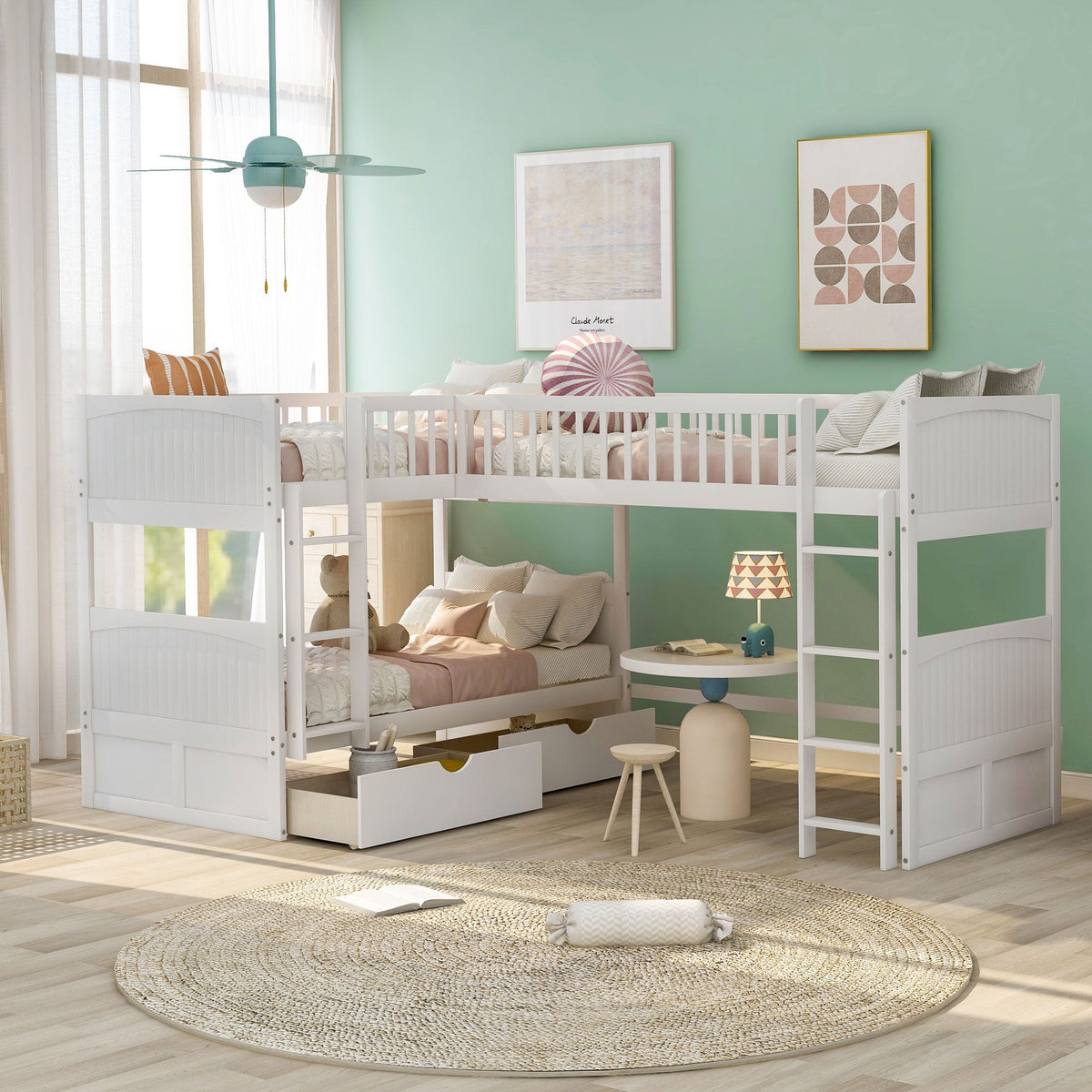 Twin Size Bunk Bed with a Loft Bed Attached, with Two Drawers