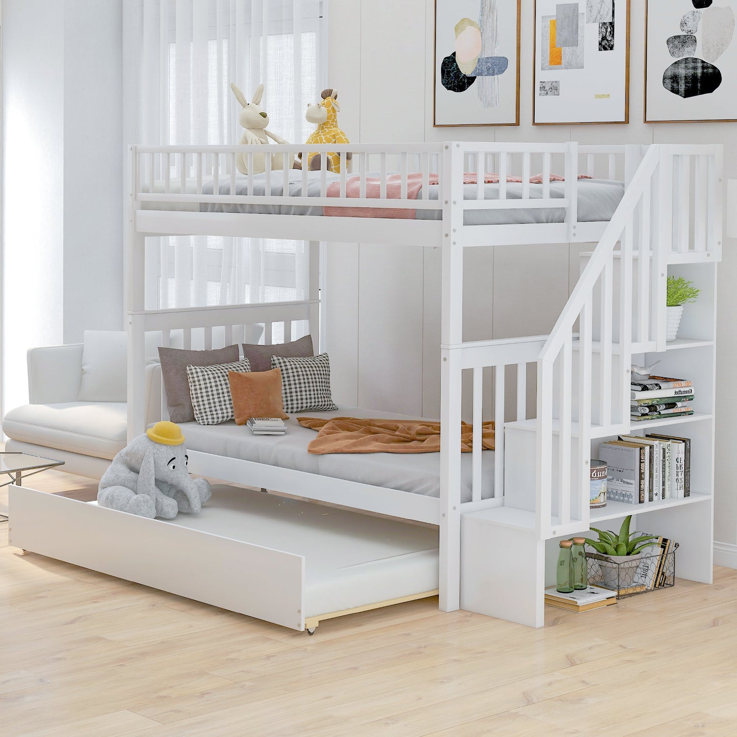 Twin Over Twin Bunk Bed with Trundle and Storage