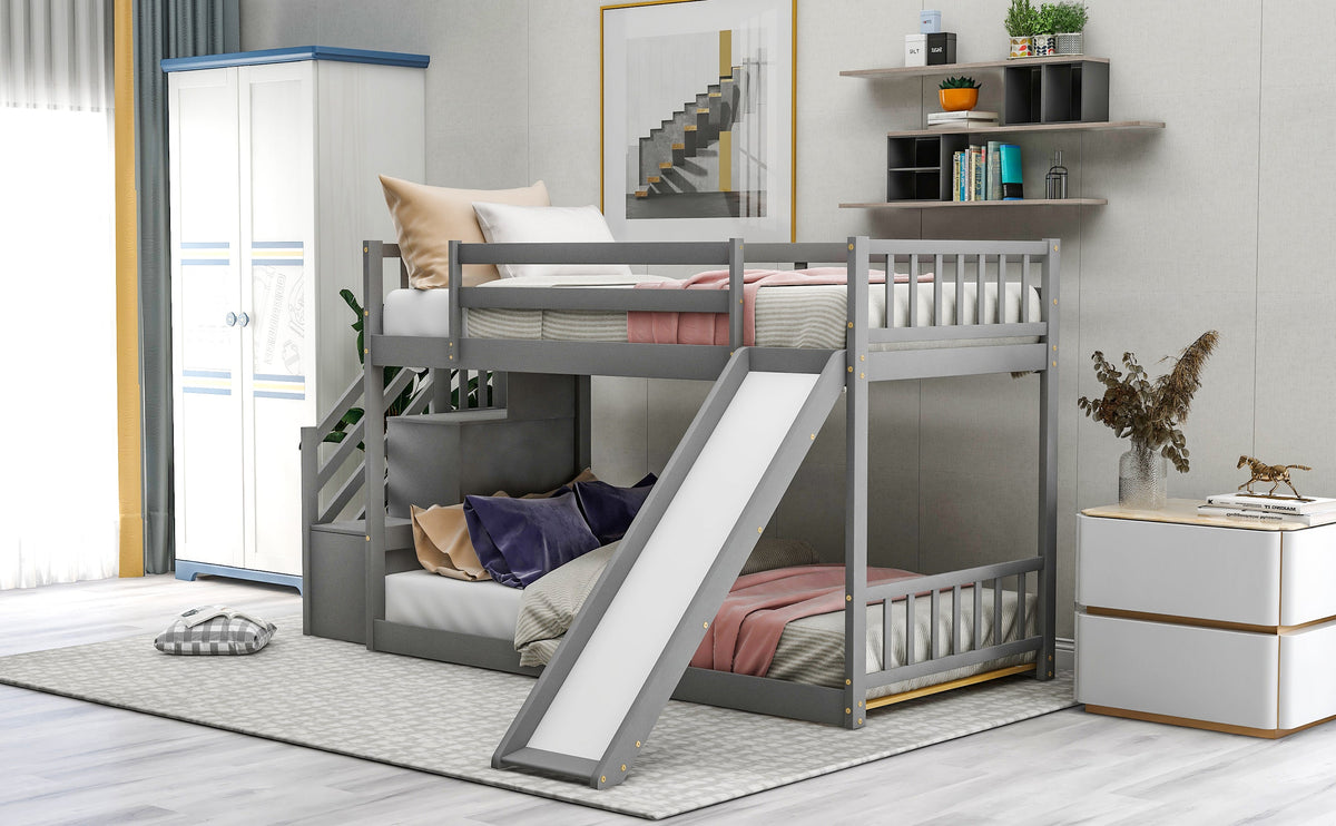 Twin Over Twin Bunk Bed with Convertible Slide and Stairway