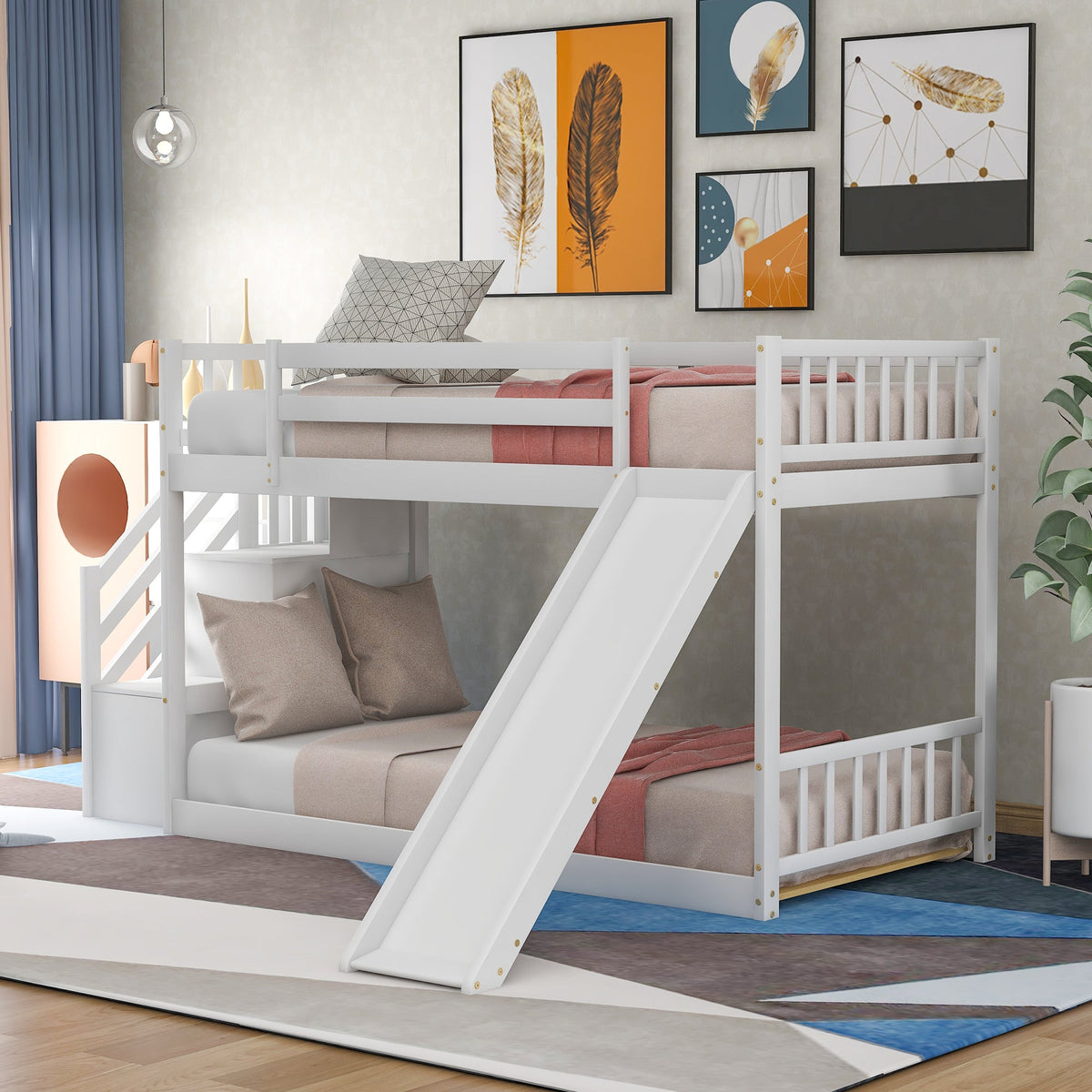Twin Over Twin Bunk Bed with Convertible Slide and Stairway