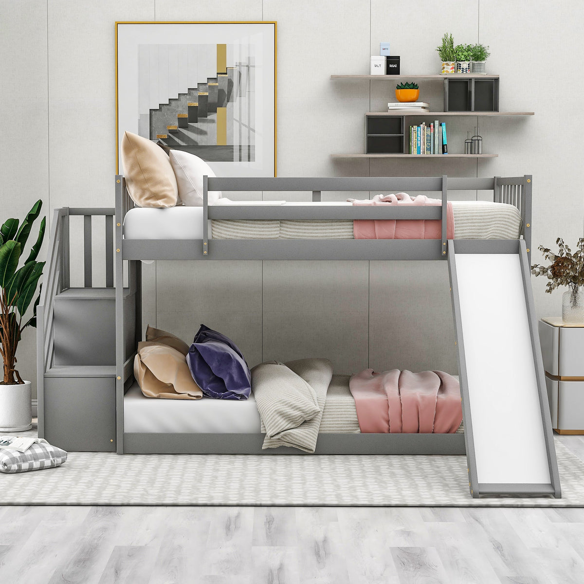 Twin Over Twin Bunk Bed with Convertible Slide and Stairway