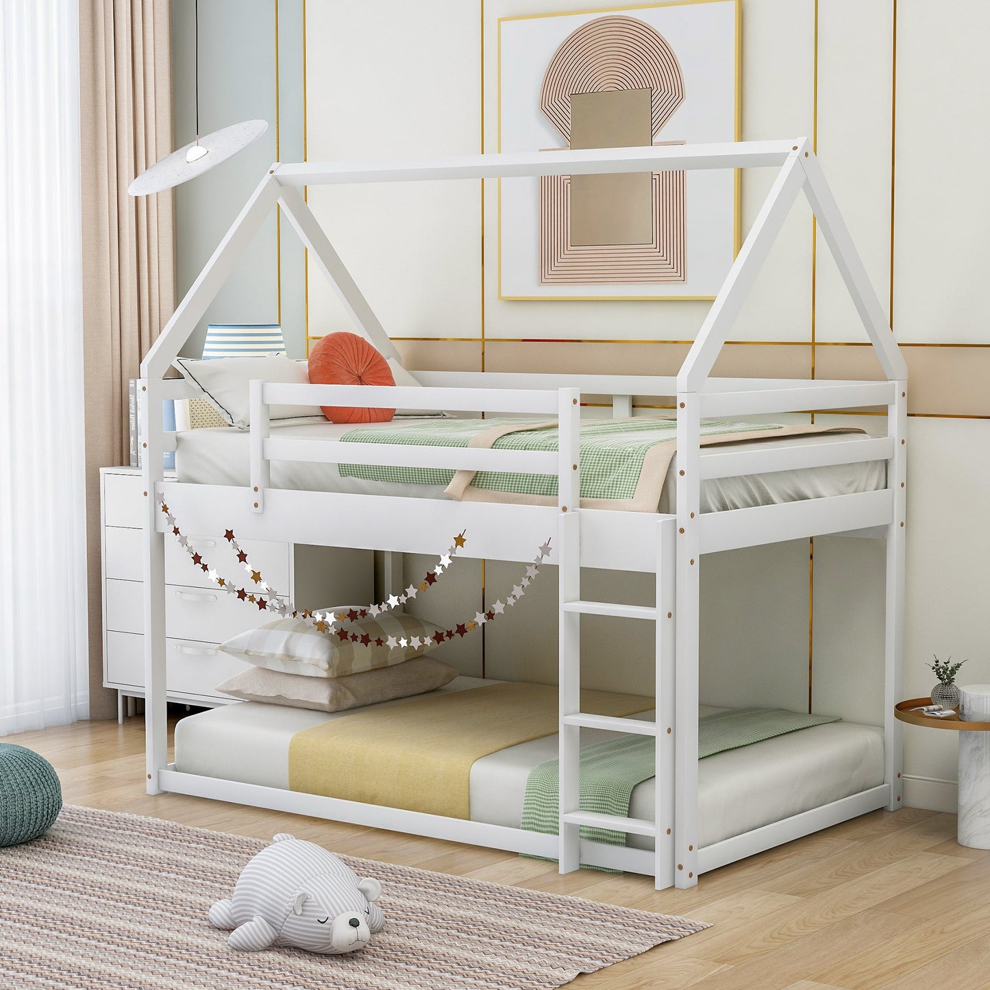 Twin Over Twin Low Bunk Bed with Ladder - White