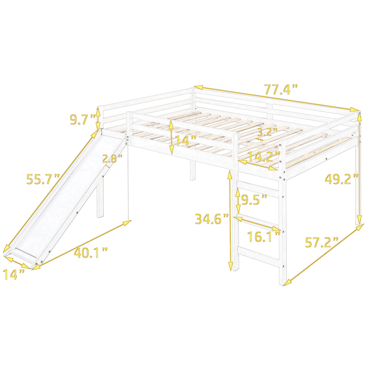 Loft Bed with Slide, Multifunctional Design, Full (White)