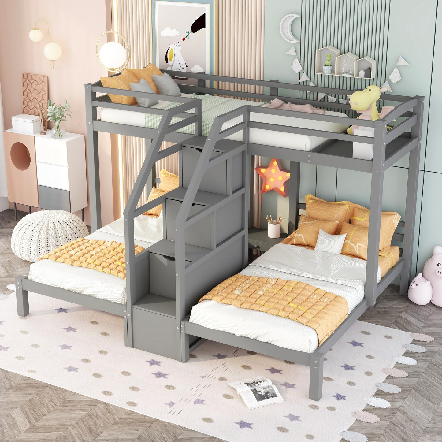 Twin Over Twin Bunk Bed with Built-in Staircase and Storage Drawer