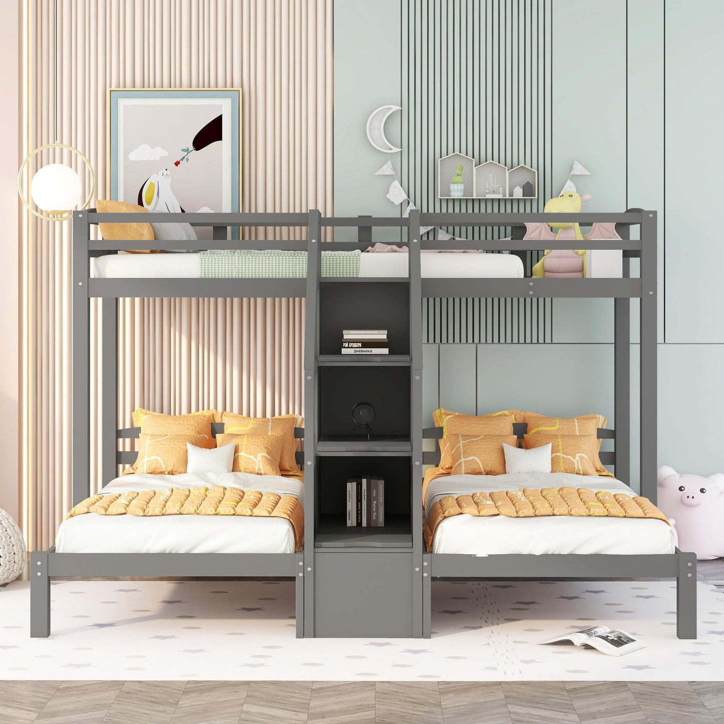Twin Over Twin Bunk Bed with Built-in Staircase and Storage Drawer