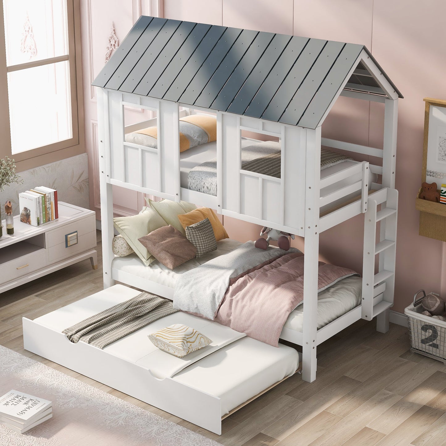 Twin Size House Bunk Bed with Trundle, Roof and Windows, White+Grey