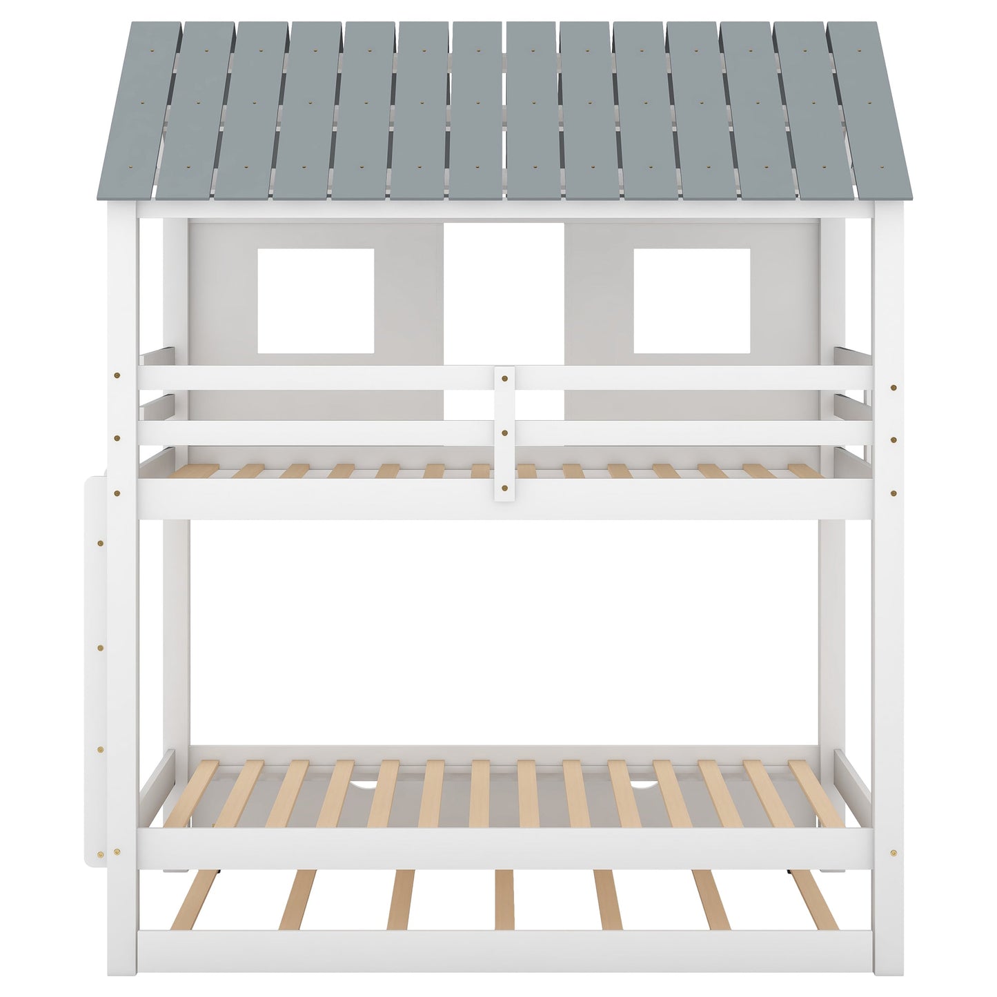 Twin Size House Bunk Bed with Trundle, Roof and Windows, White+Grey