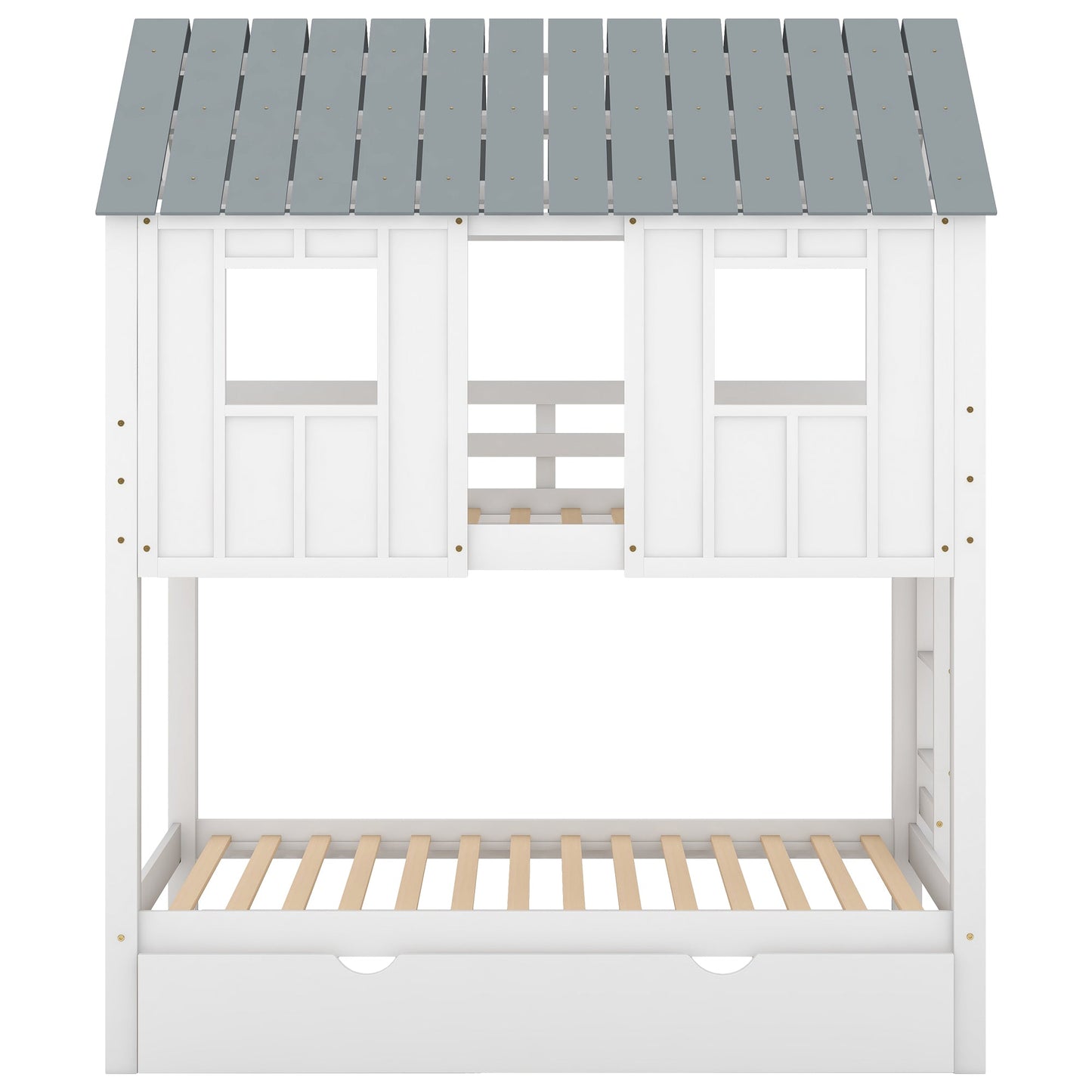Twin Size House Bunk Bed with Trundle, Roof and Windows, White+Grey