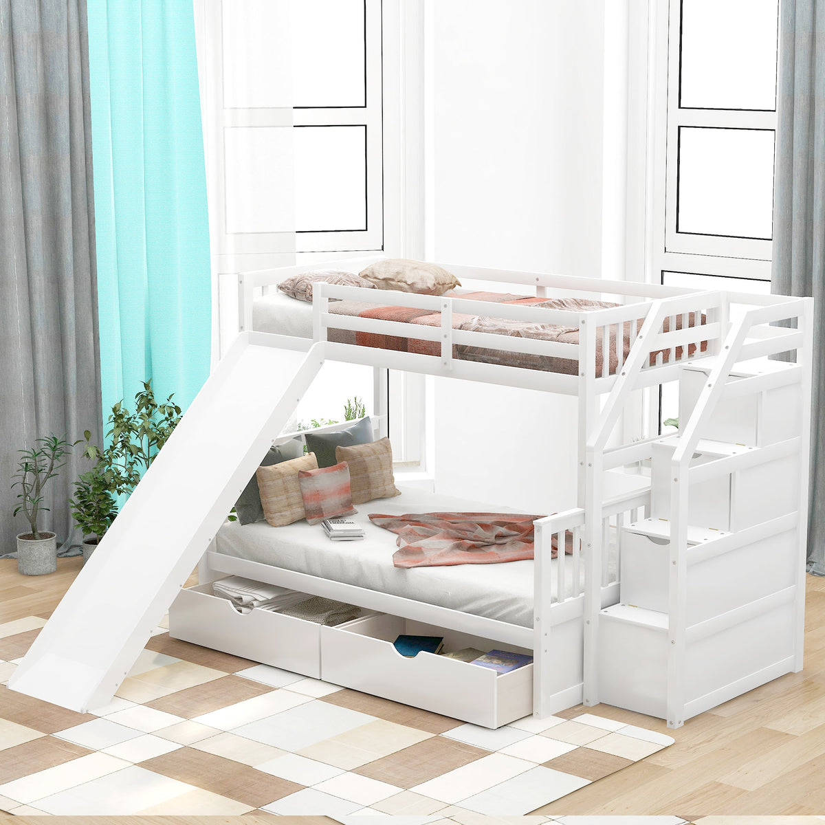 Twin Over Full Bunk Bed with Drawers, Storage and Slide