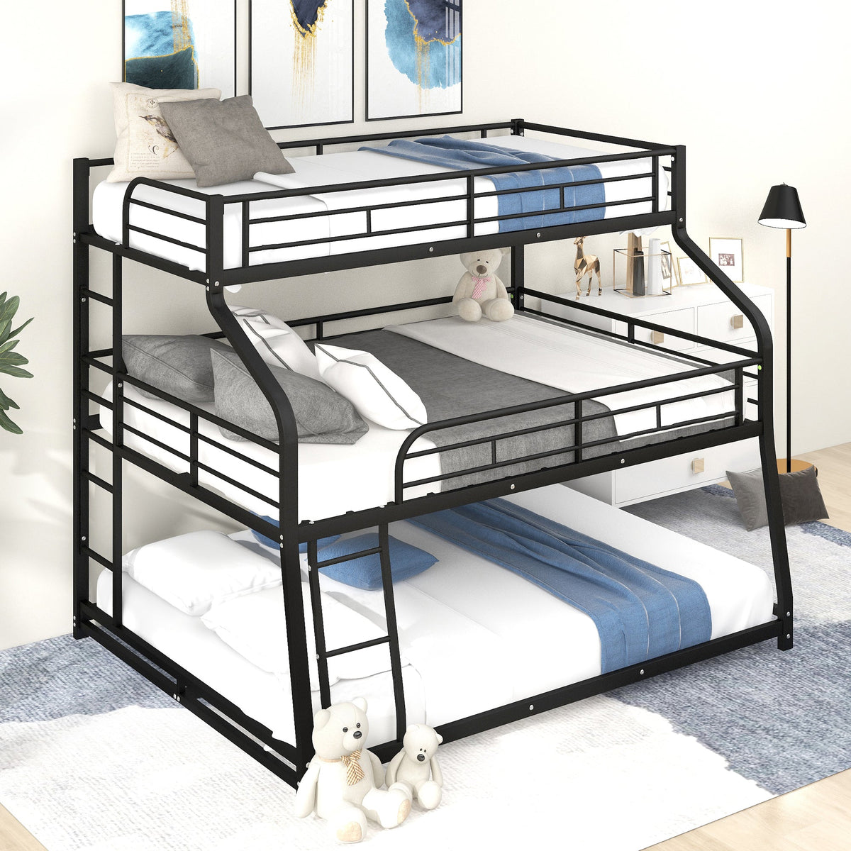 Twin XL/Full XL/Queen Triple Bunk Bed with Long and Short Ladder