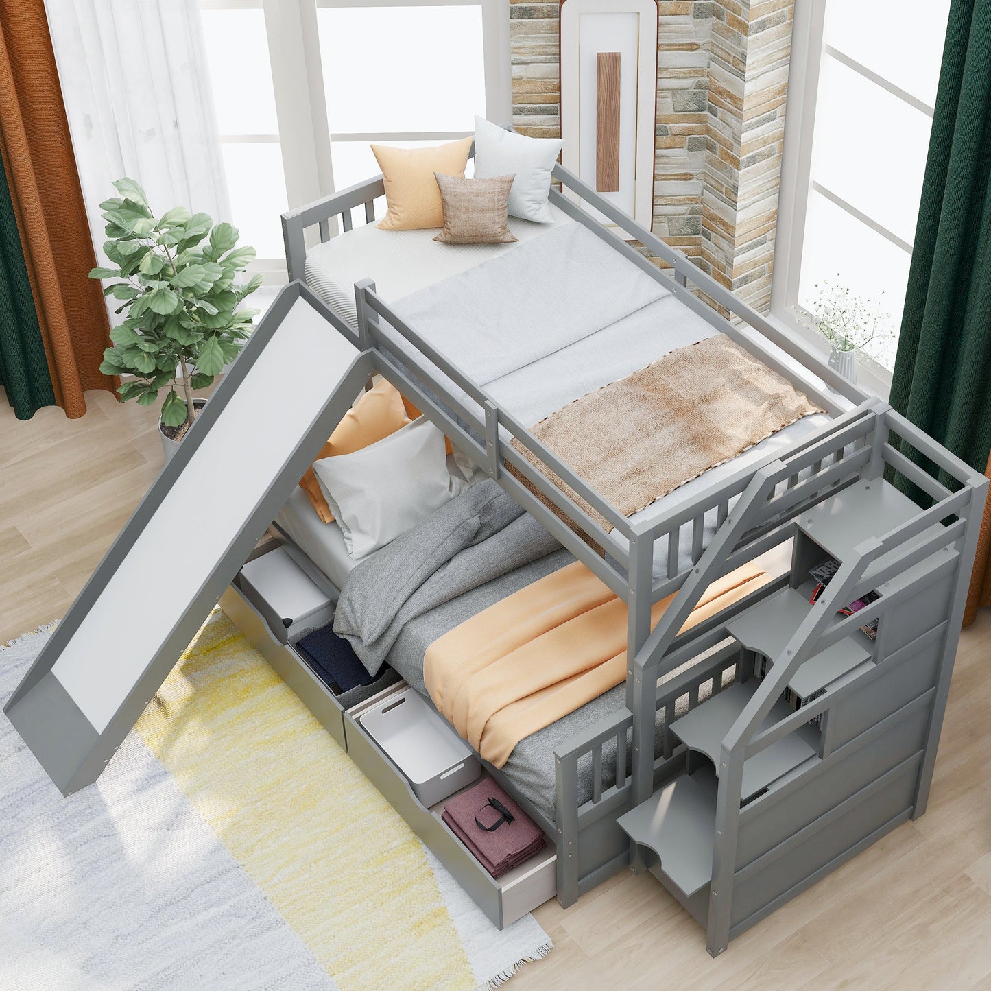 Twin Over Full Bunk Bed with Drawers, Storage and Slide