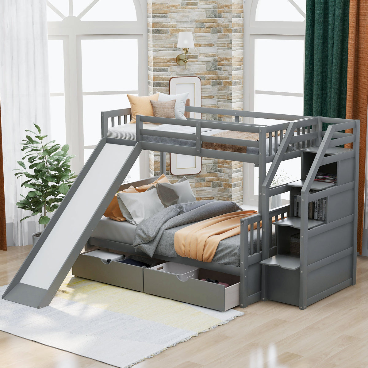 Twin Over Full Bunk Bed with Drawers, Storage and Slide
