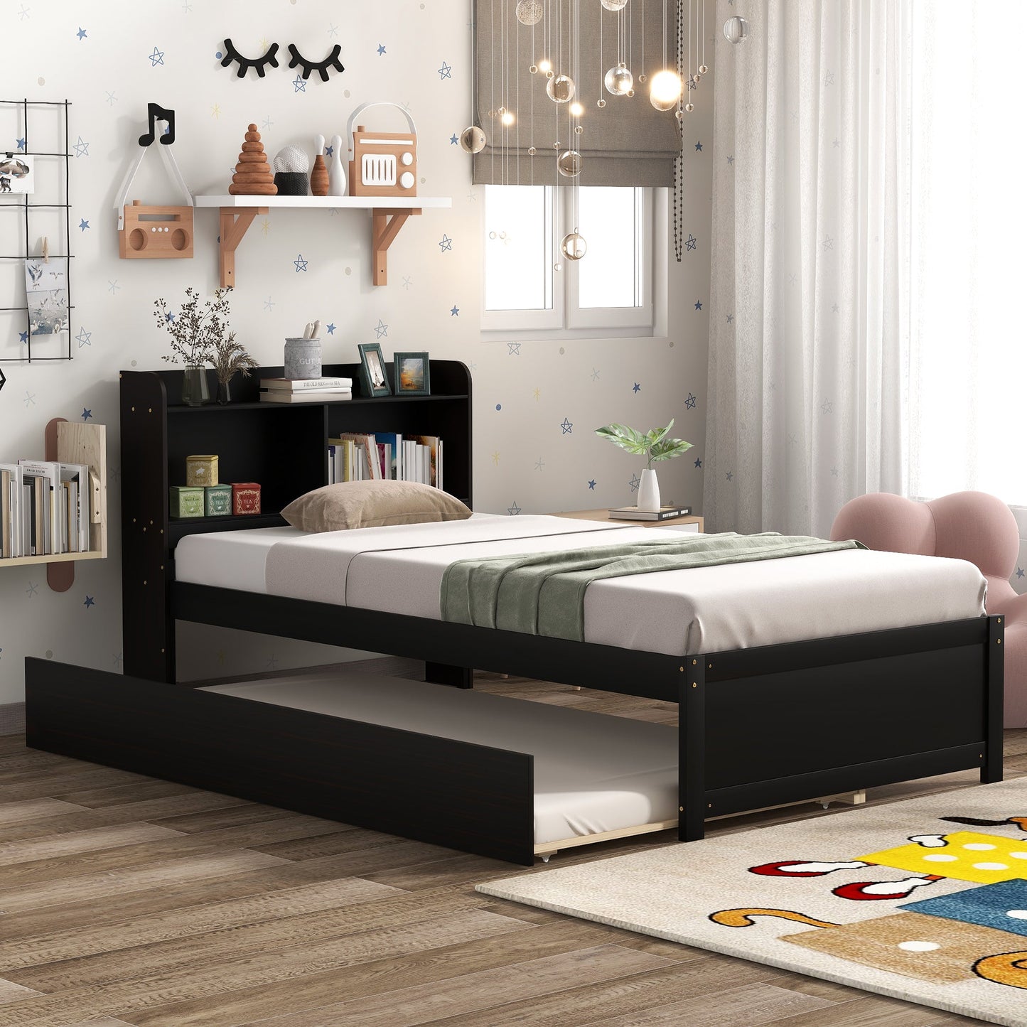 Twin Bed with Trundle and Bookcase