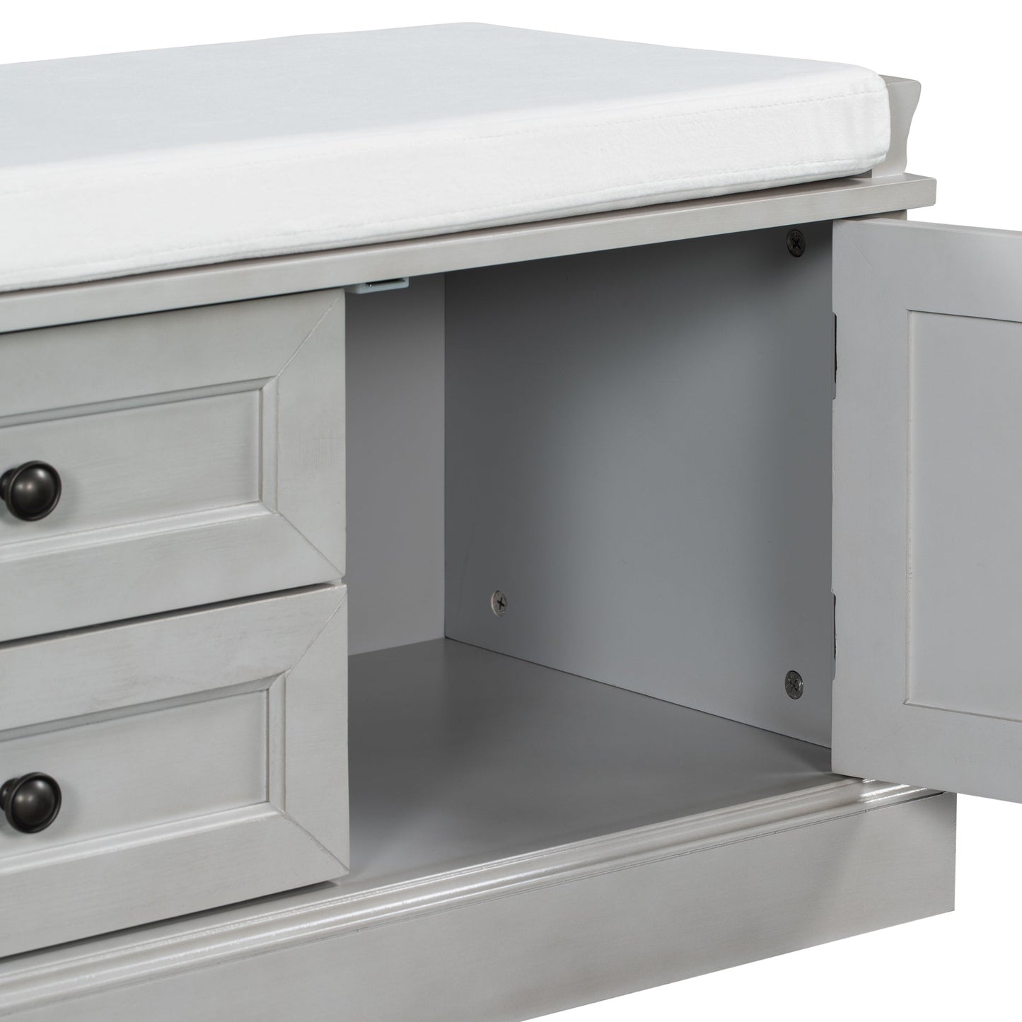 TREXM Storage Bench with 2 Drawers and 2 Cabinets, Gray Wash