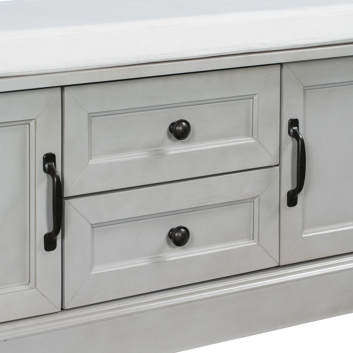 TREXM Storage Bench with 2 Drawers and 2 Cabinets, Gray Wash