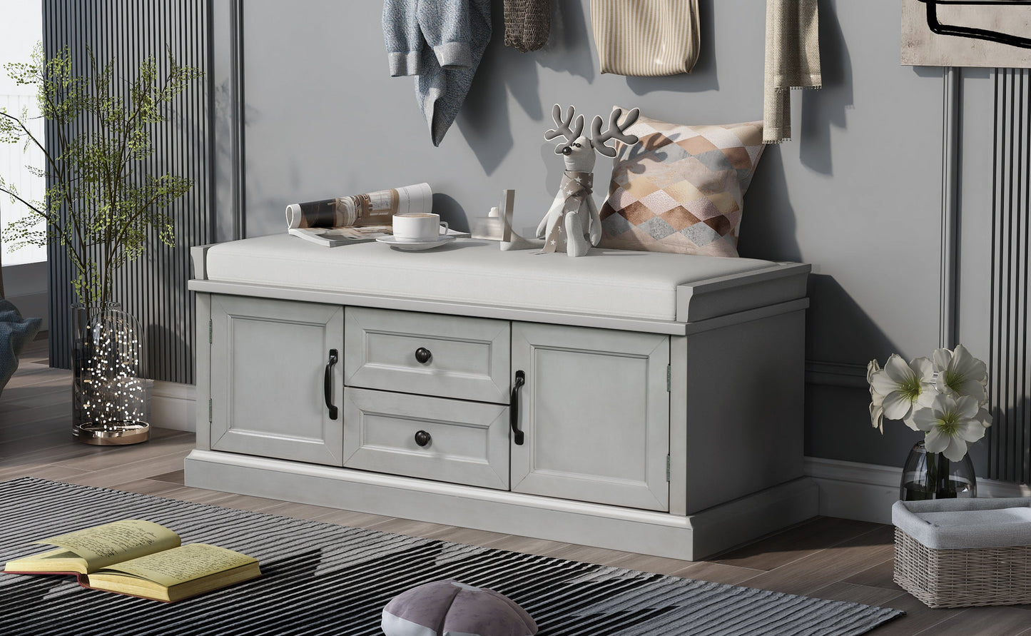 TREXM Storage Bench with 2 Drawers and 2 Cabinets, Gray Wash