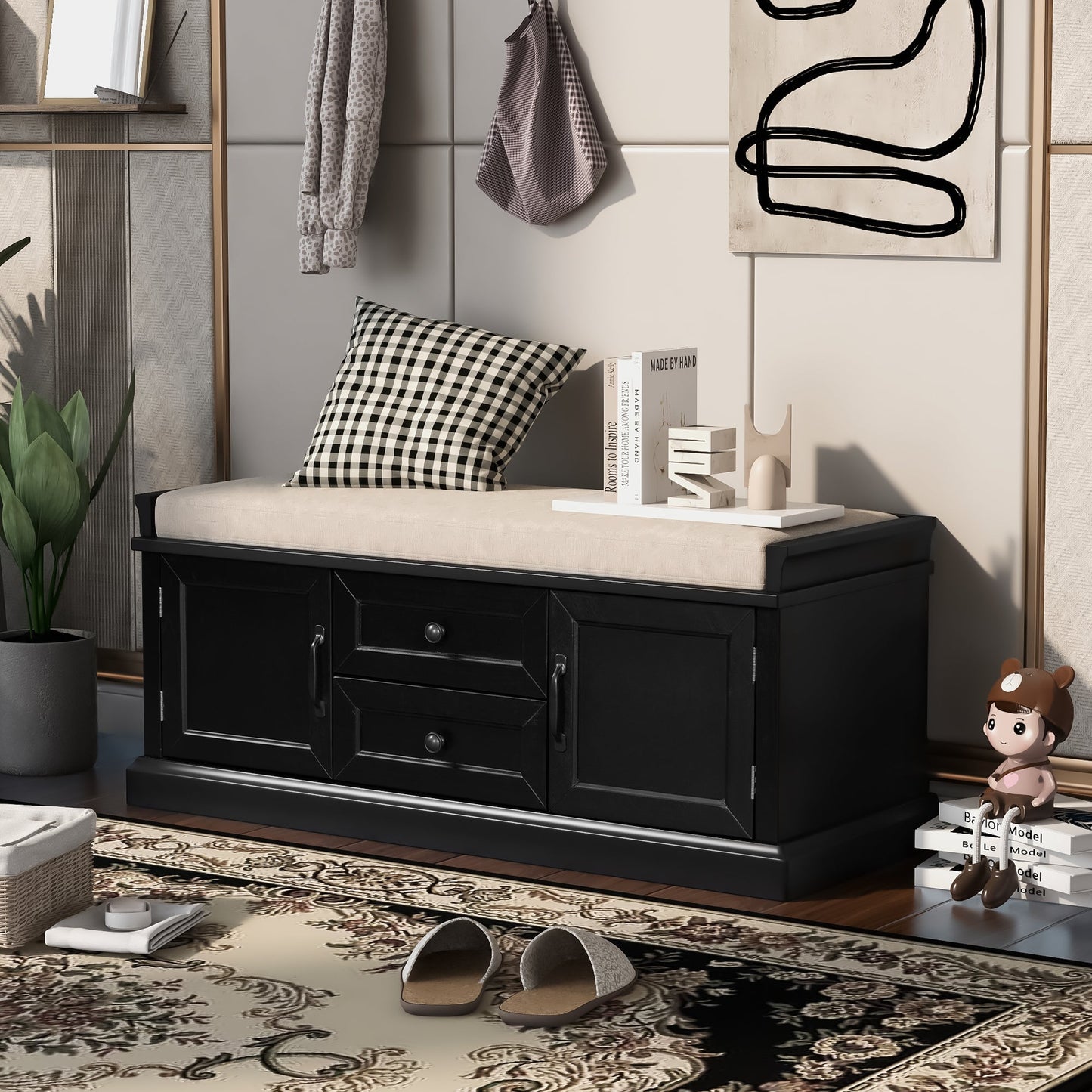TREXM Storage Bench with 2 Drawers and 2 Cabinets in Black