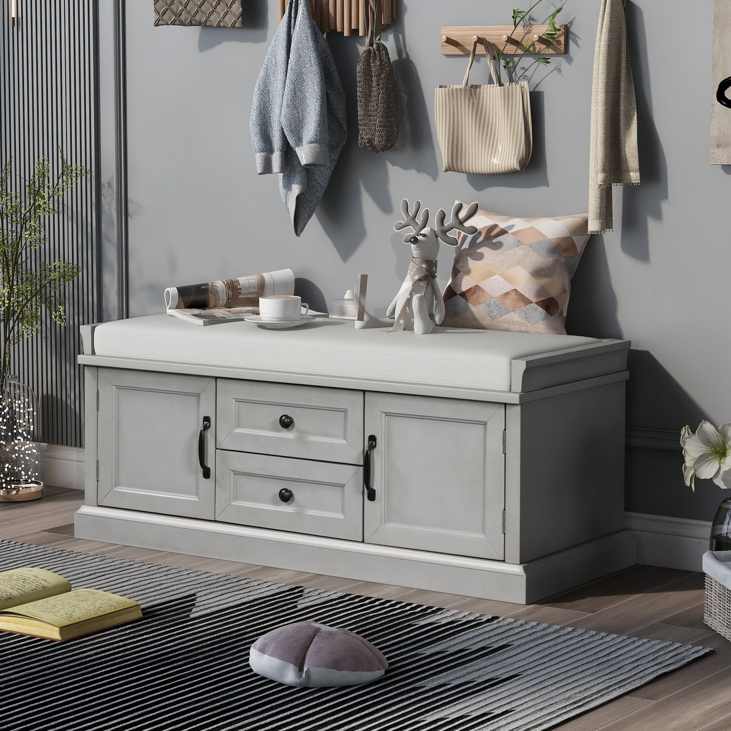 TREXM Storage Bench with 2 Drawers and 2 Cabinets, Gray Wash