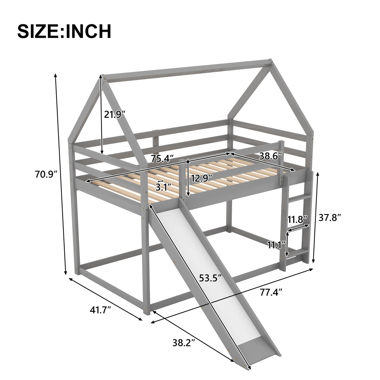 Twin Size Bunk House Bed With Slide And Ladder