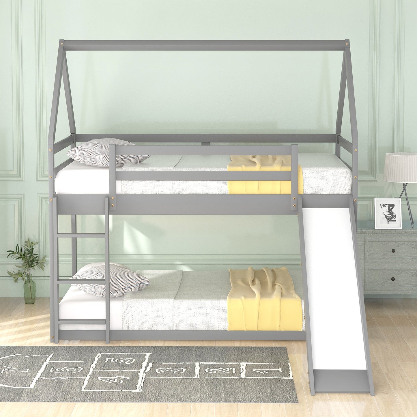 Twin Size Bunk House Bed With Slide And Ladder
