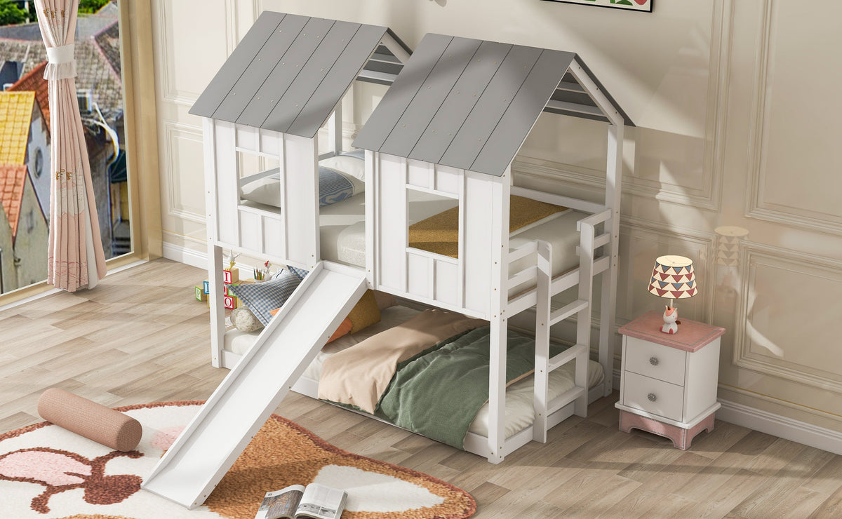 Twin Over Twin House Bunk Bed with Slide and Windows