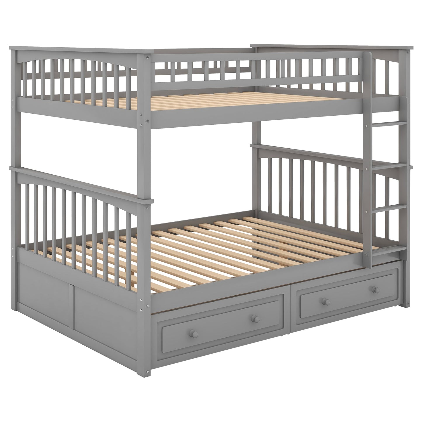Full Over Full Bunk Bed with Drawers, Convertible Beds, Gray