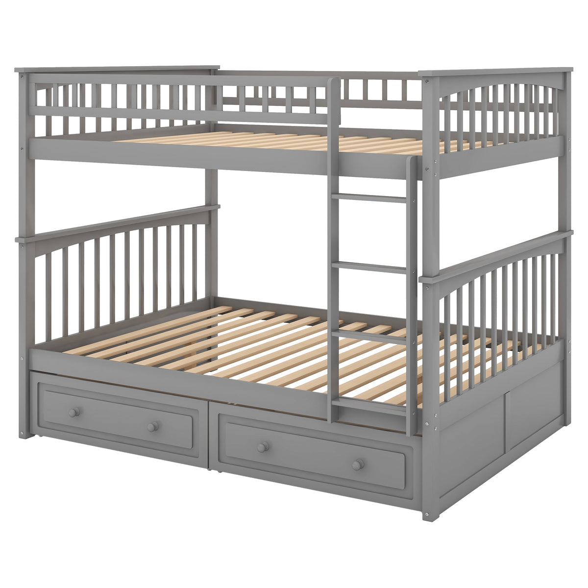 Full Over Full Bunk Bed with Drawers, Convertible Beds, Gray