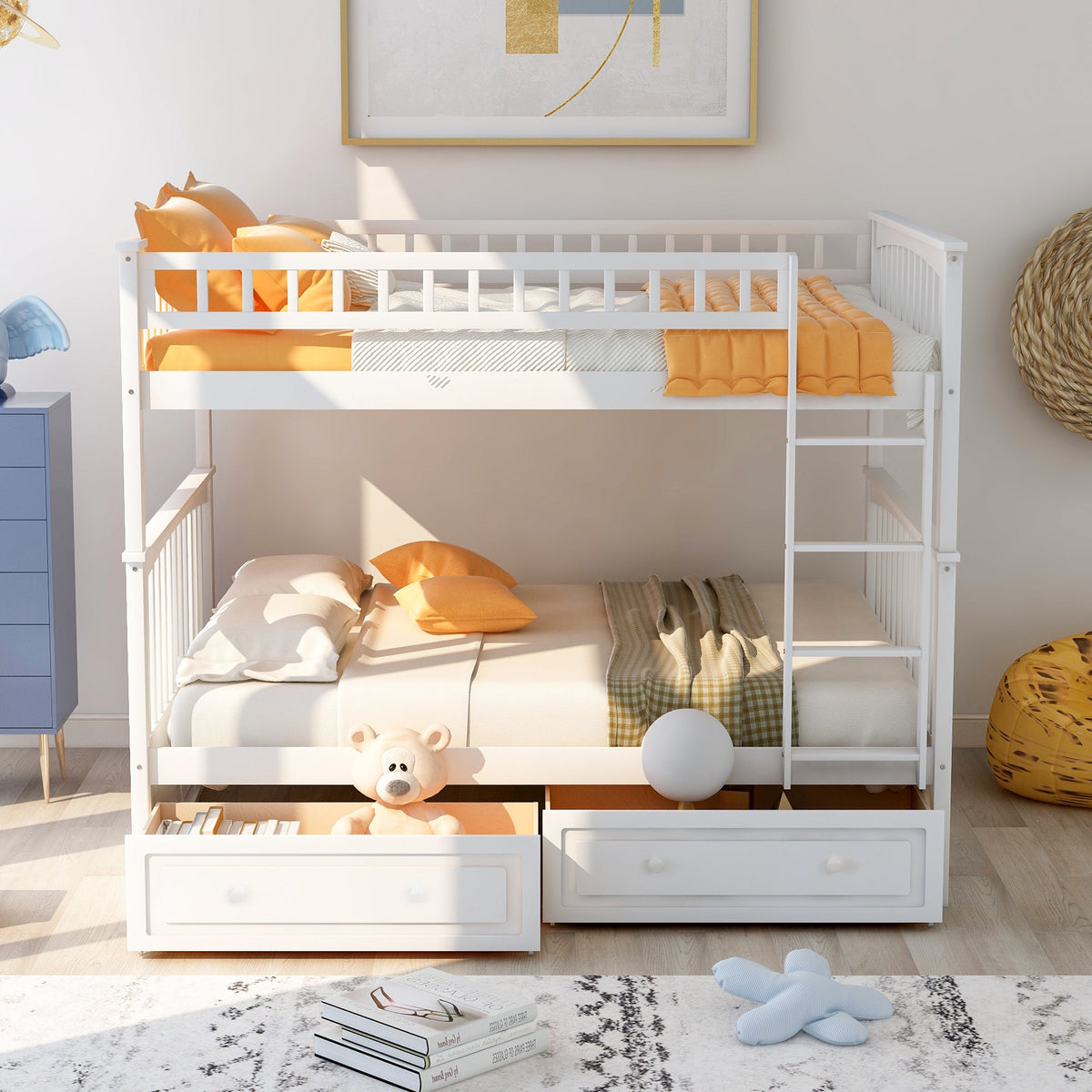 Full Over Full Bunk Bed with Drawers, Convertible Beds, White
