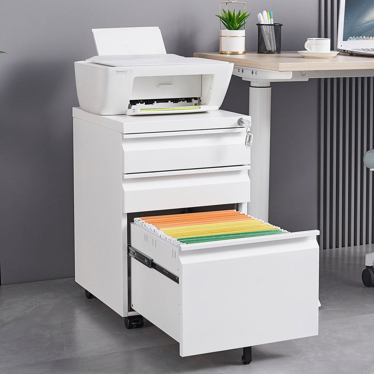 3-Drawer Mobile Filing Cabinet with Lock in White