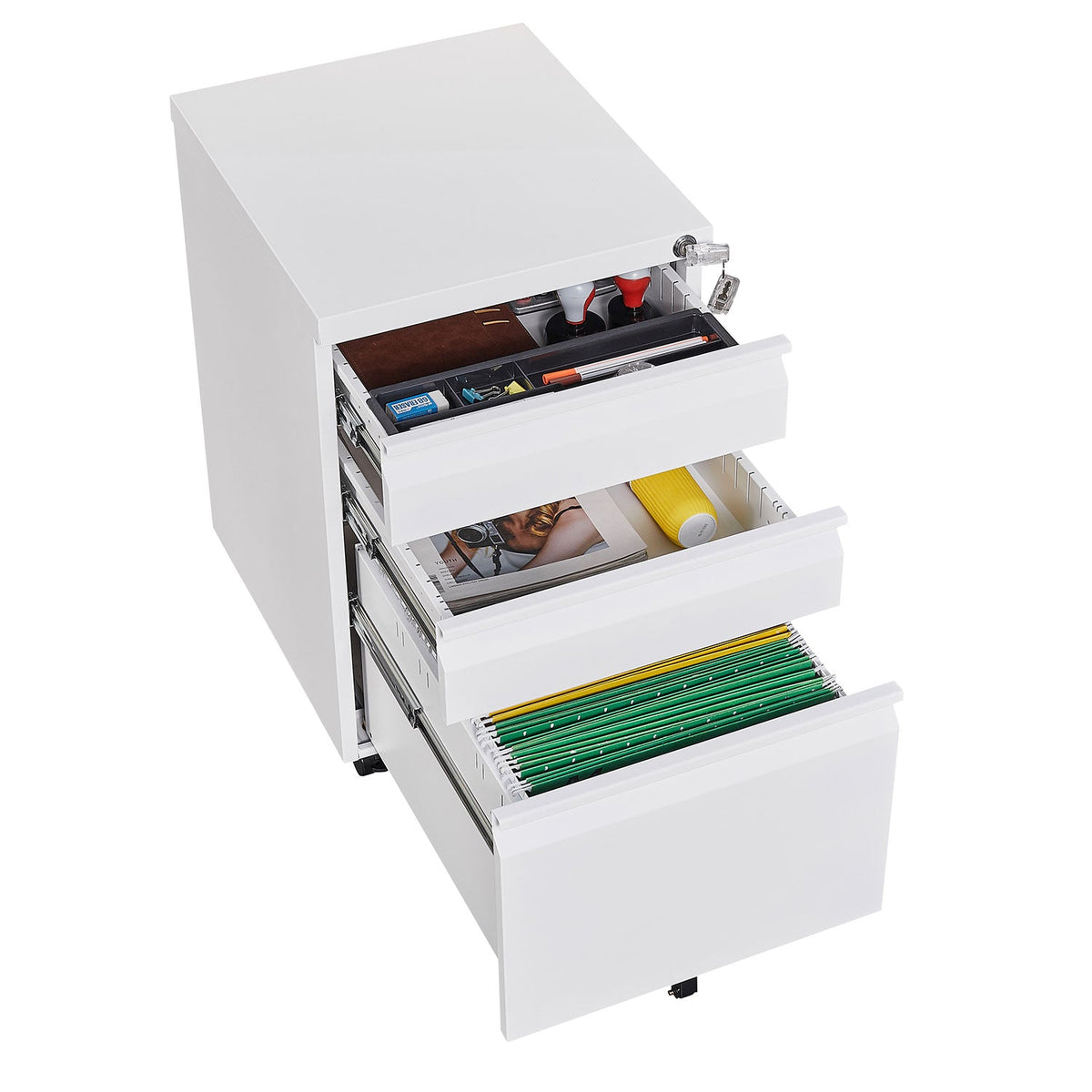 3-Drawer Mobile Filing Cabinet with Lock in White