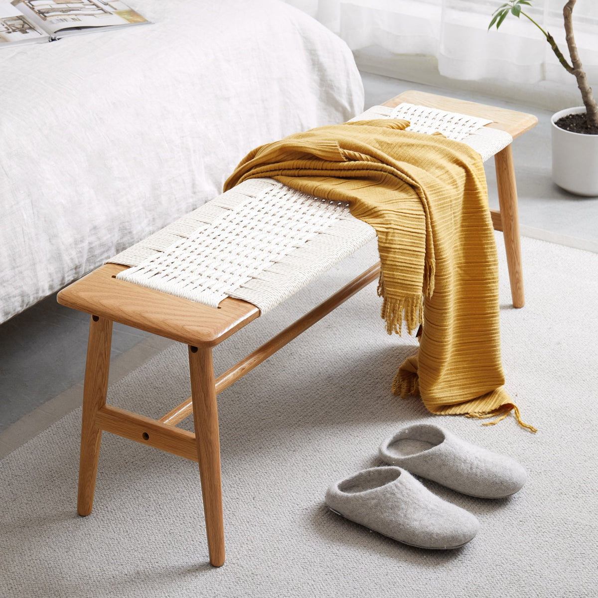Solid Wood Bench with Handwoven Cane Seat