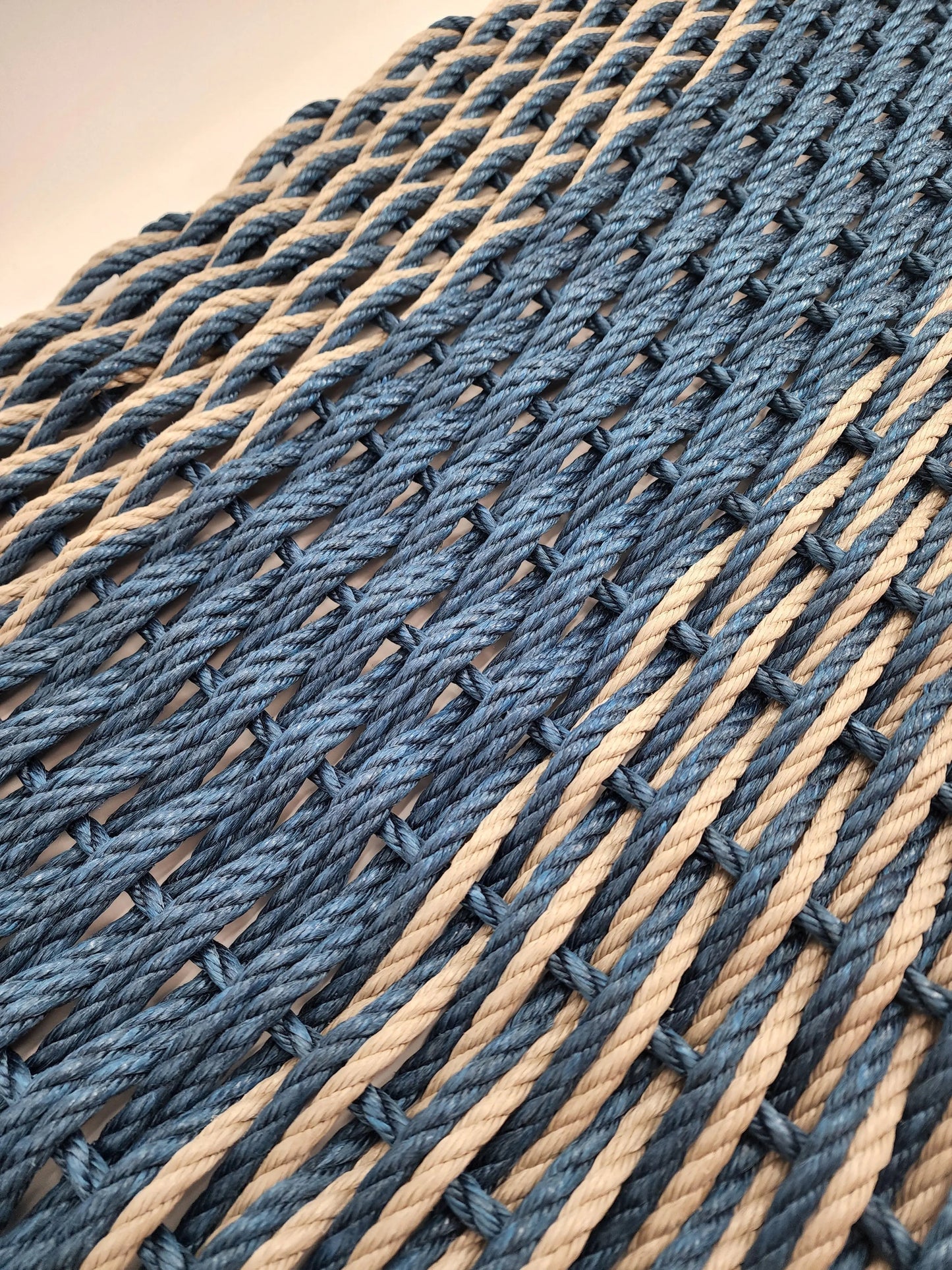 Large Navy Blue and Tan Lobster Rope Mat made with Lobster Rope, Double Weave, Vibrant, Long Lasting Durable