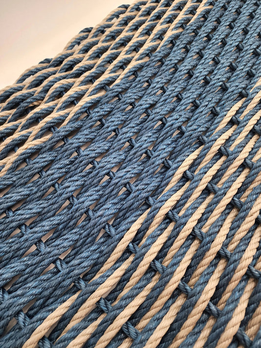 Large Navy Blue and Tan Lobster Rope Mat made with Lobster Rope, Double Weave, Vibrant, Long Lasting Durable