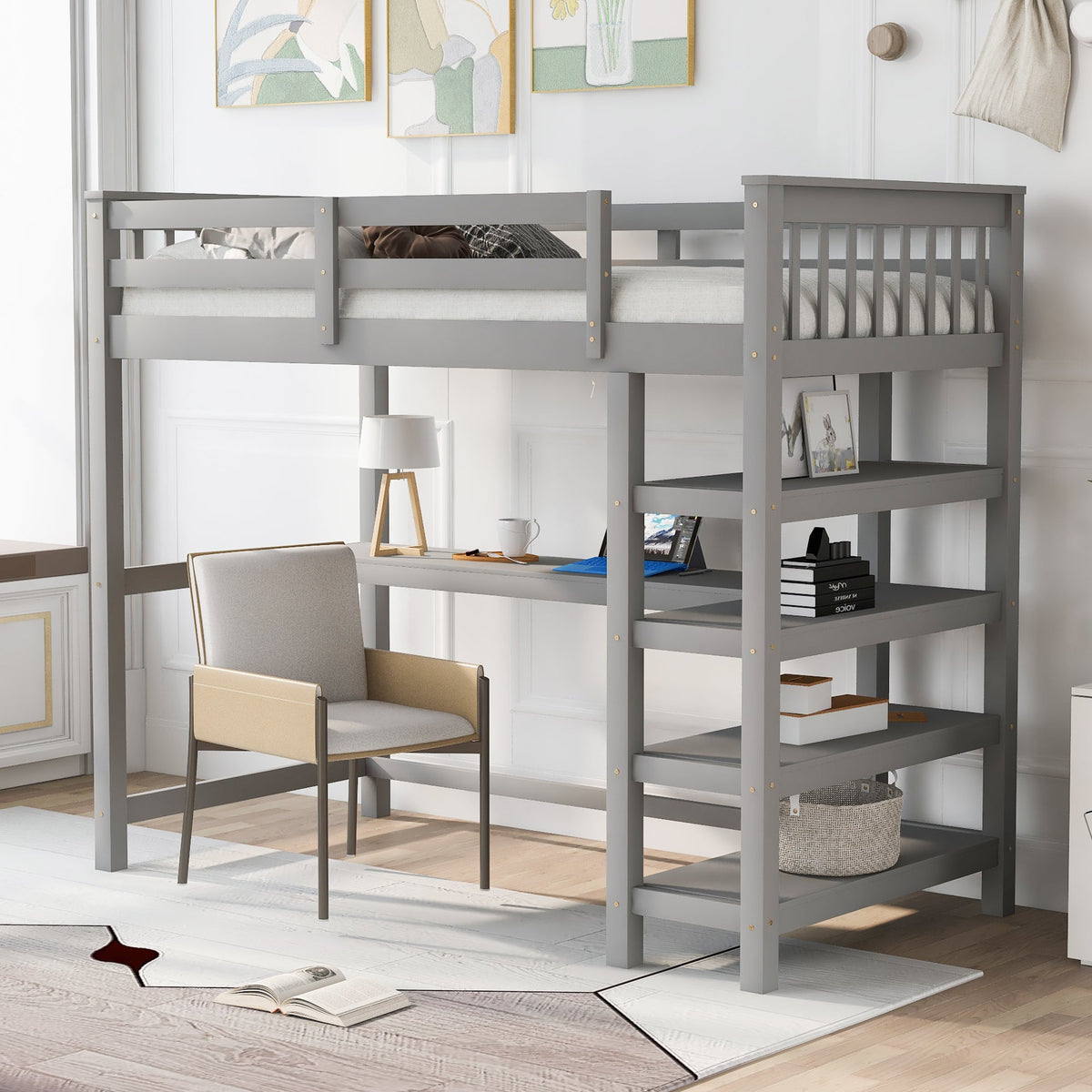 Twin Size Loft Bed with Storage Shelves