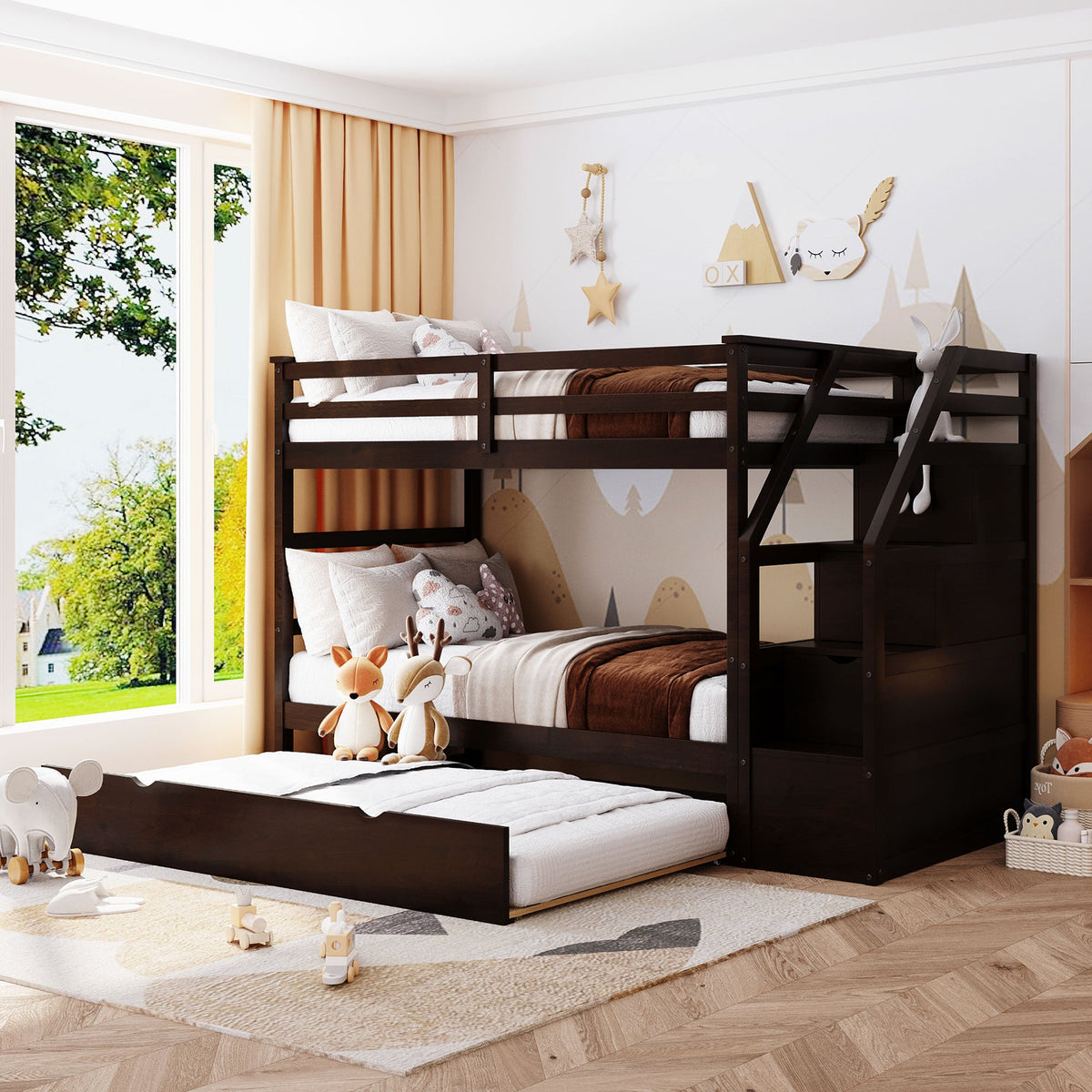 Twin-Over-Twin Bunk Bed with Twin Size Trundle and 3 Storage Stairs