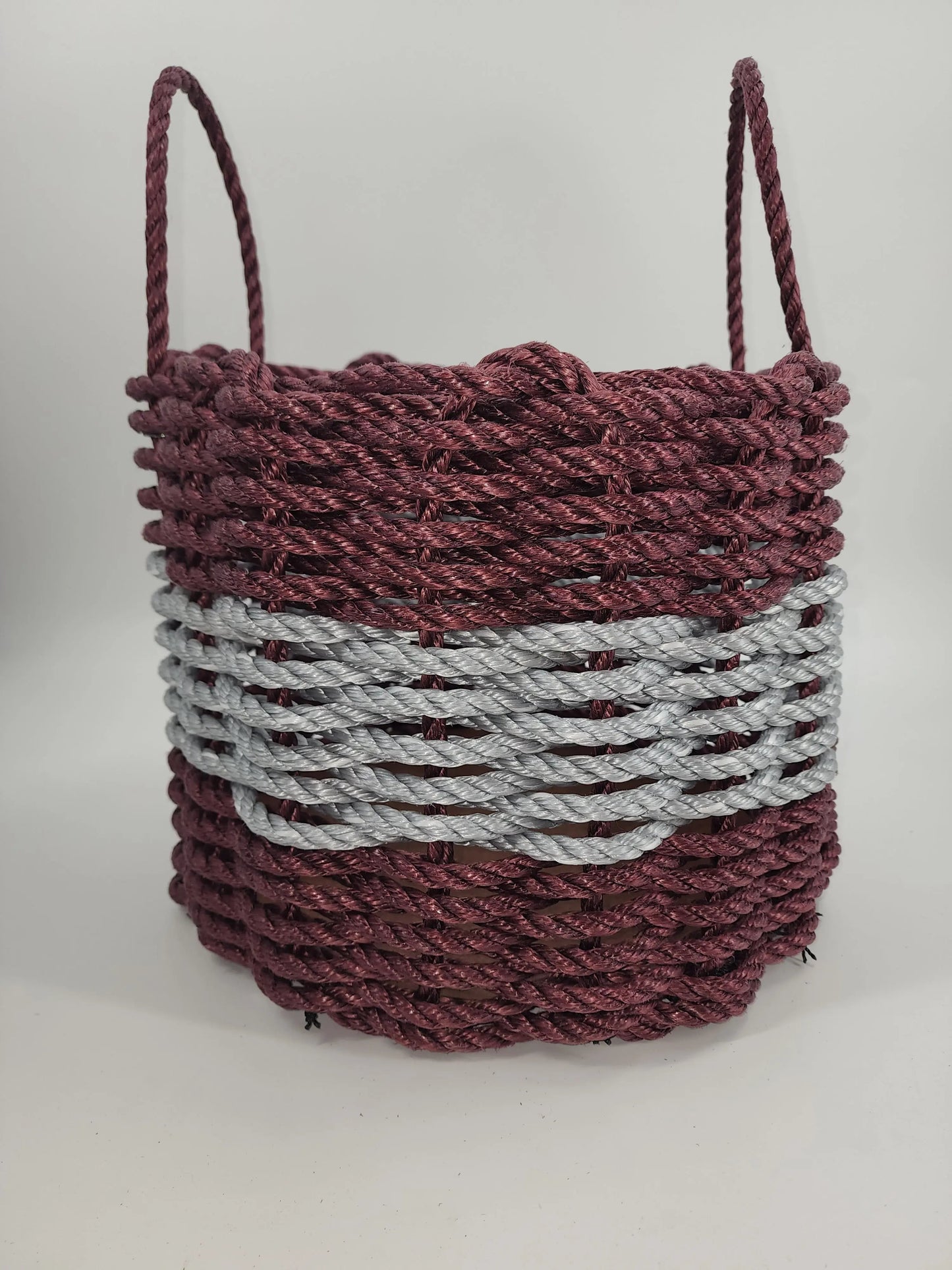 Authentic Maine Lobster Rope Storage Basket Burgundy and Light Gray