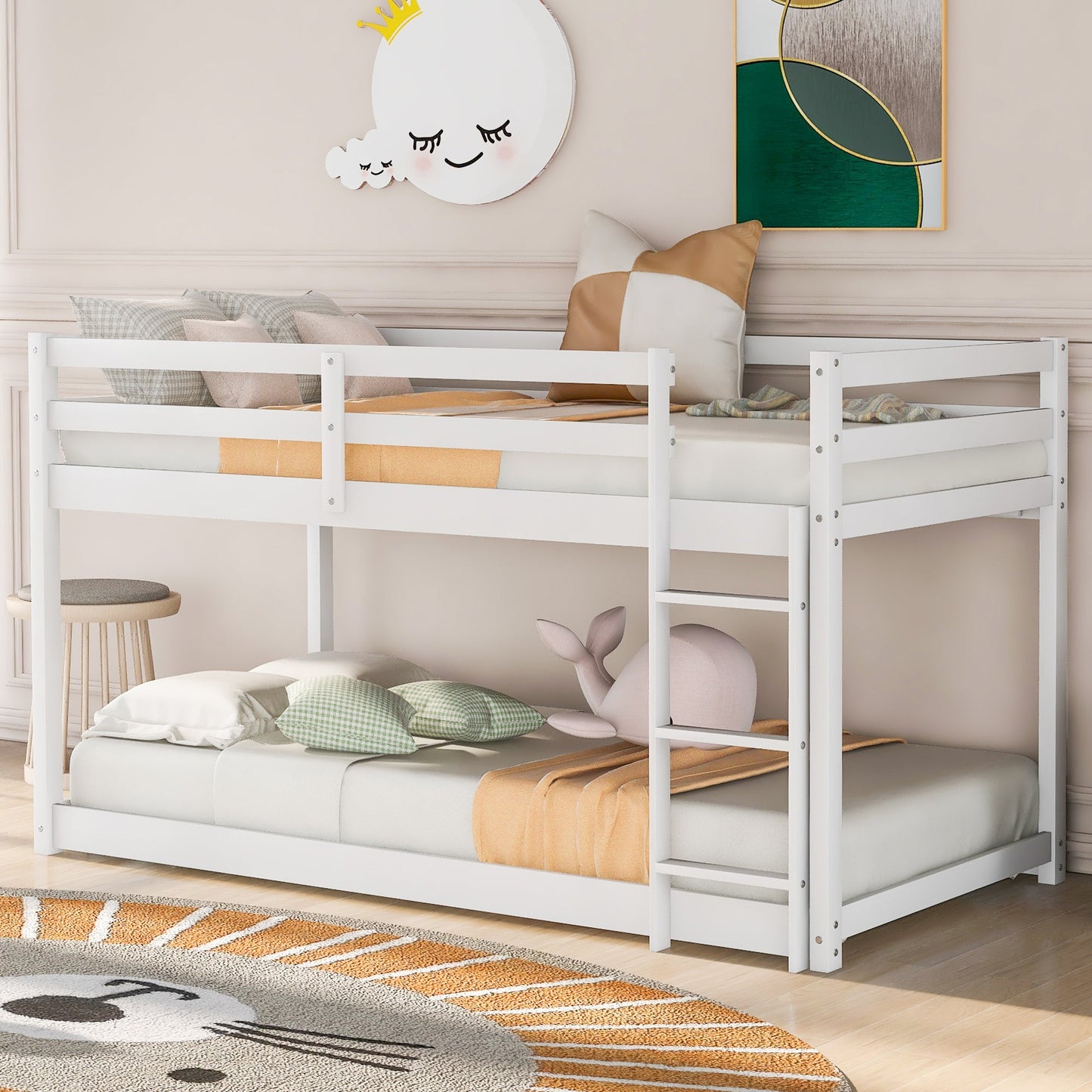 Twin Over Twin Floor Bunk Bed with Ladder