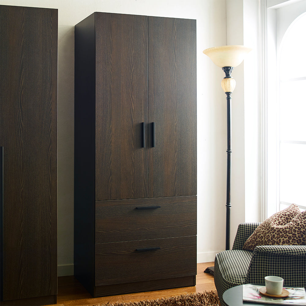 Brook Two-Door Wood Closet with Two Drawers and Hanging Bars