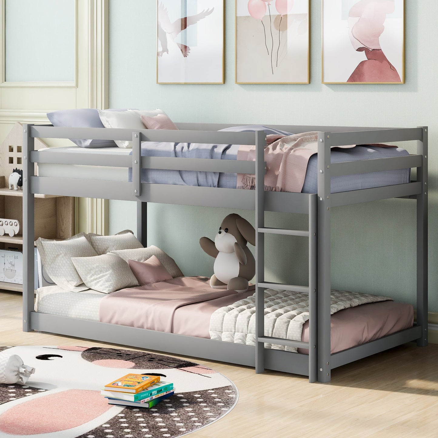 Twin Over Twin Floor Bunk Bed with Ladder