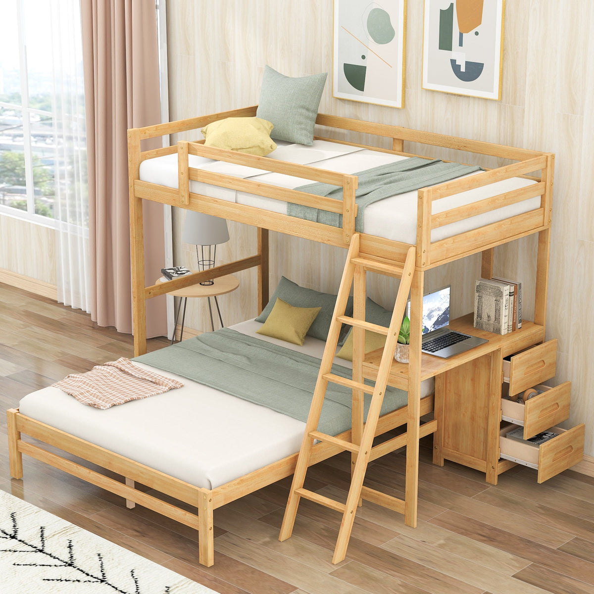 Twin Over Full Bunk Bed with Built-in Desk and Three Drawers