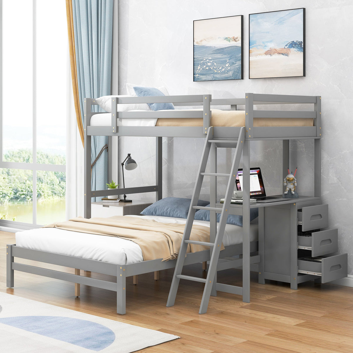 Twin Over Full Bunk Bed with Built-in Desk and Three Drawers
