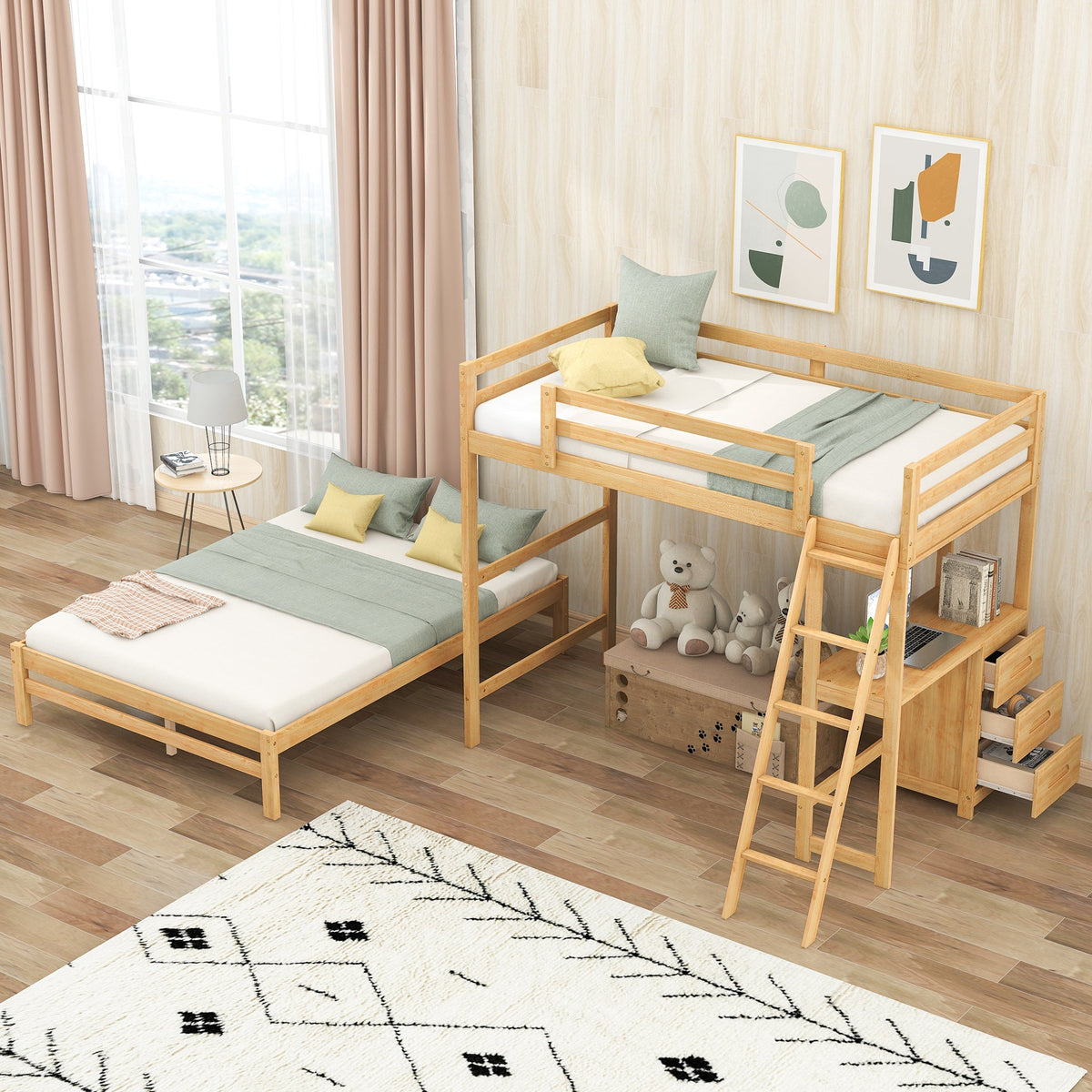 Twin Over Full Bunk Bed with Built-in Desk and Three Drawers