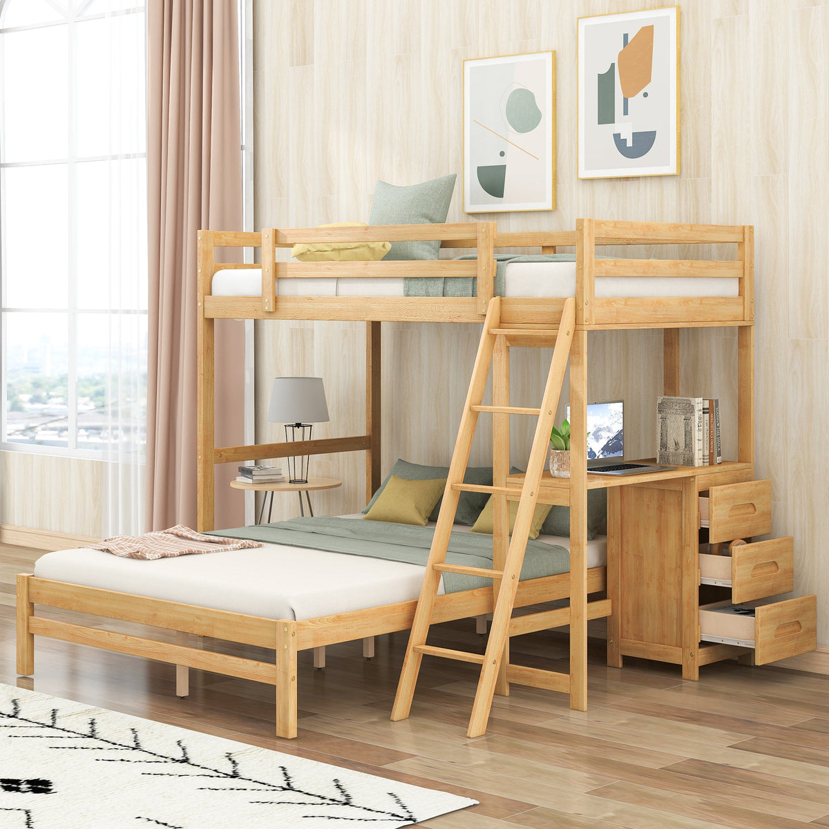 Twin Over Full Bunk Bed with Built-in Desk and Three Drawers